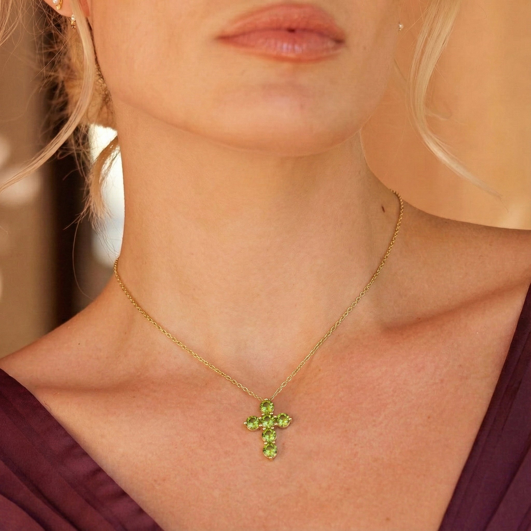 Peridot Round Cross Pendant Necklace in Yellow Gold Plated 3.90ct