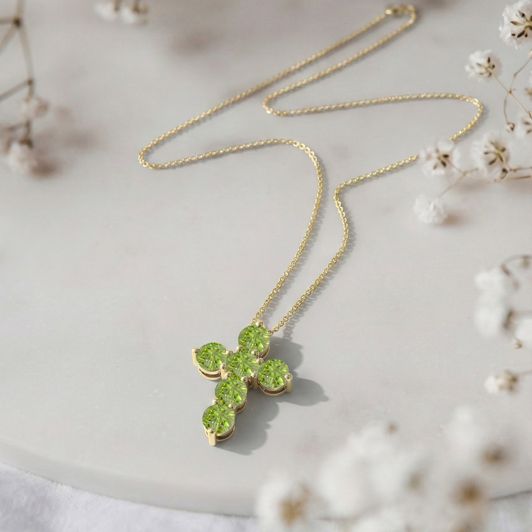 Peridot Round Cross Pendant Necklace in Yellow Gold Plated 3.90ct