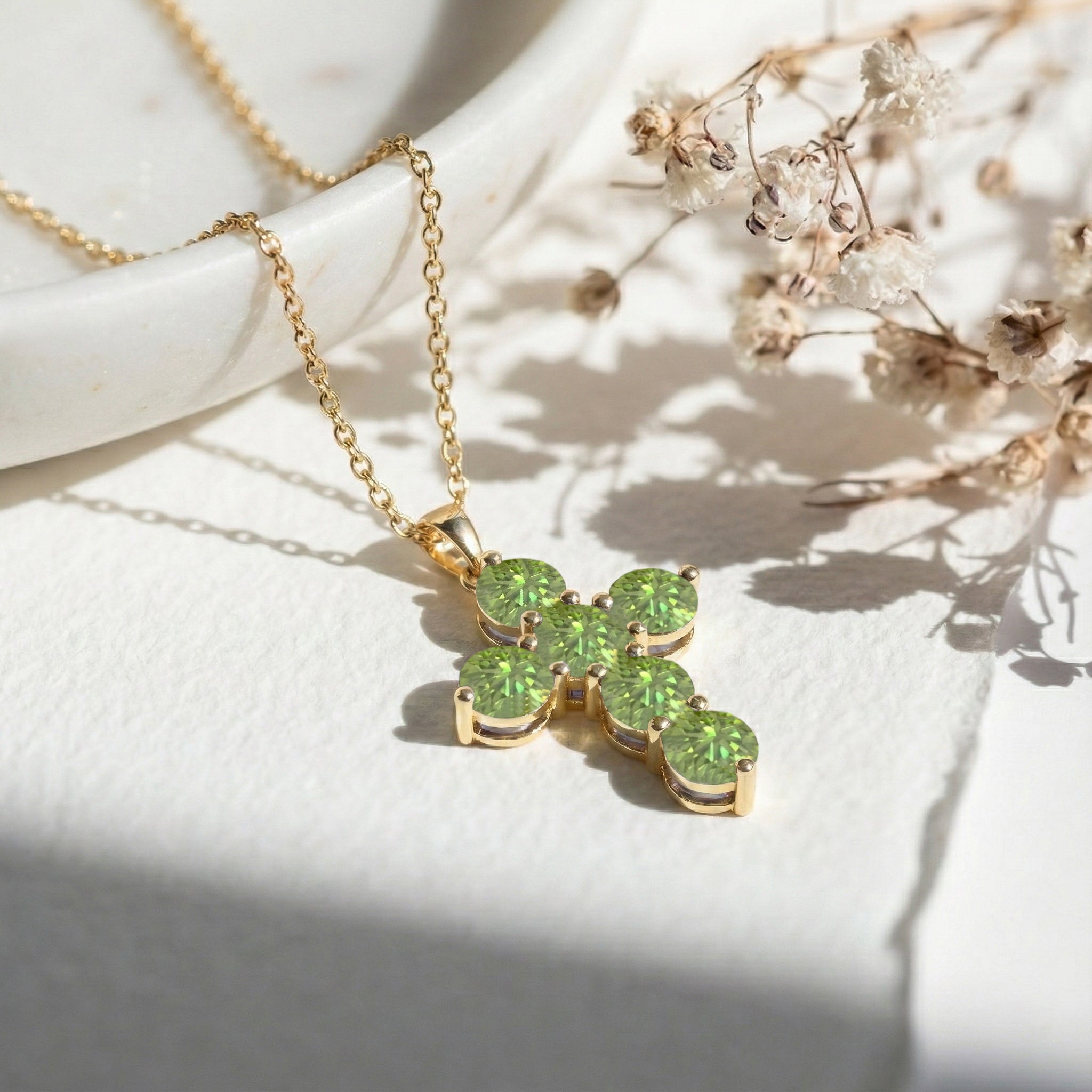 Peridot Round Cross Pendant Necklace in Yellow Gold Plated 3.90ct