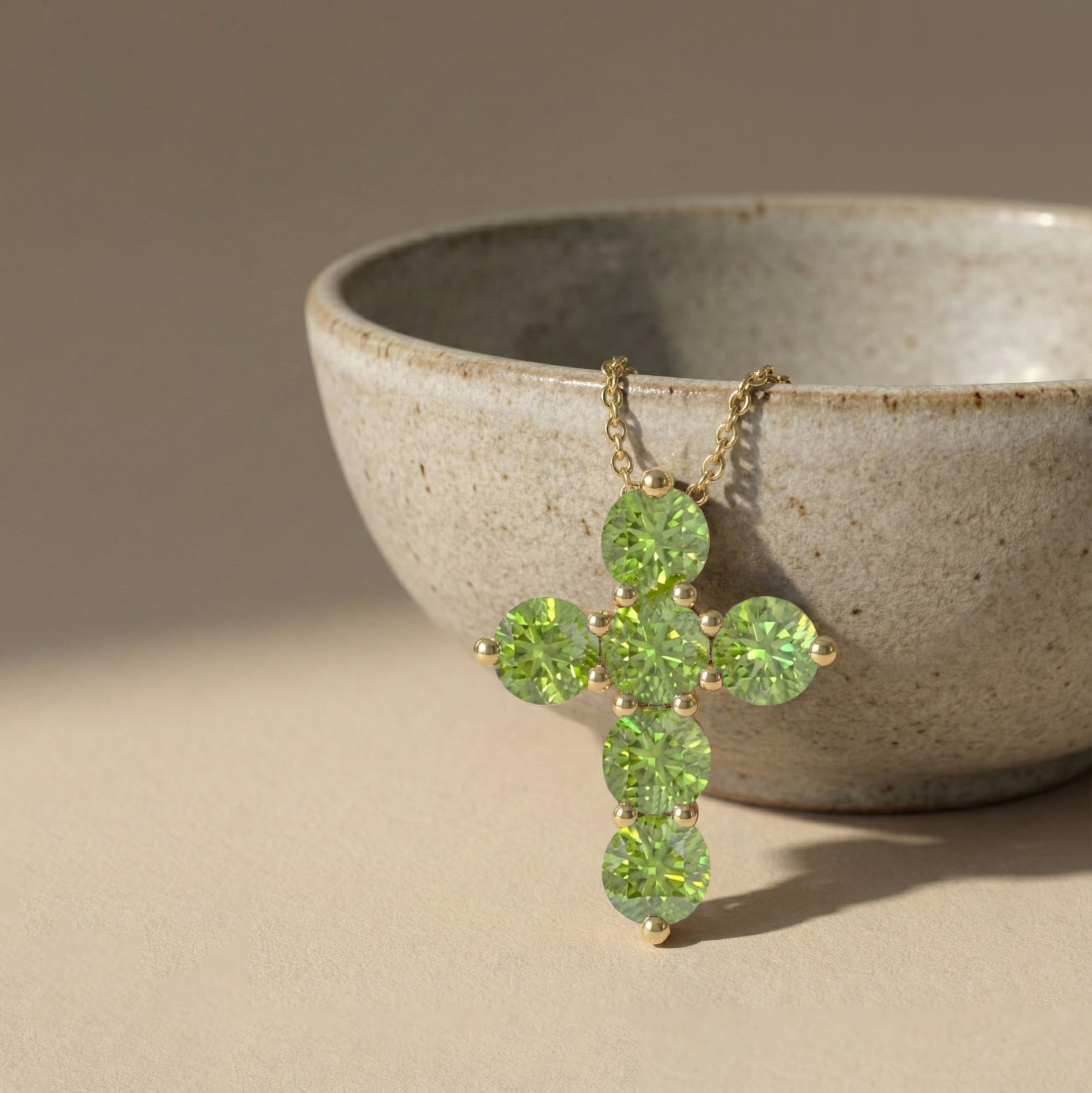 Peridot Round Cross Pendant Necklace in Yellow Gold Plated 3.90ct