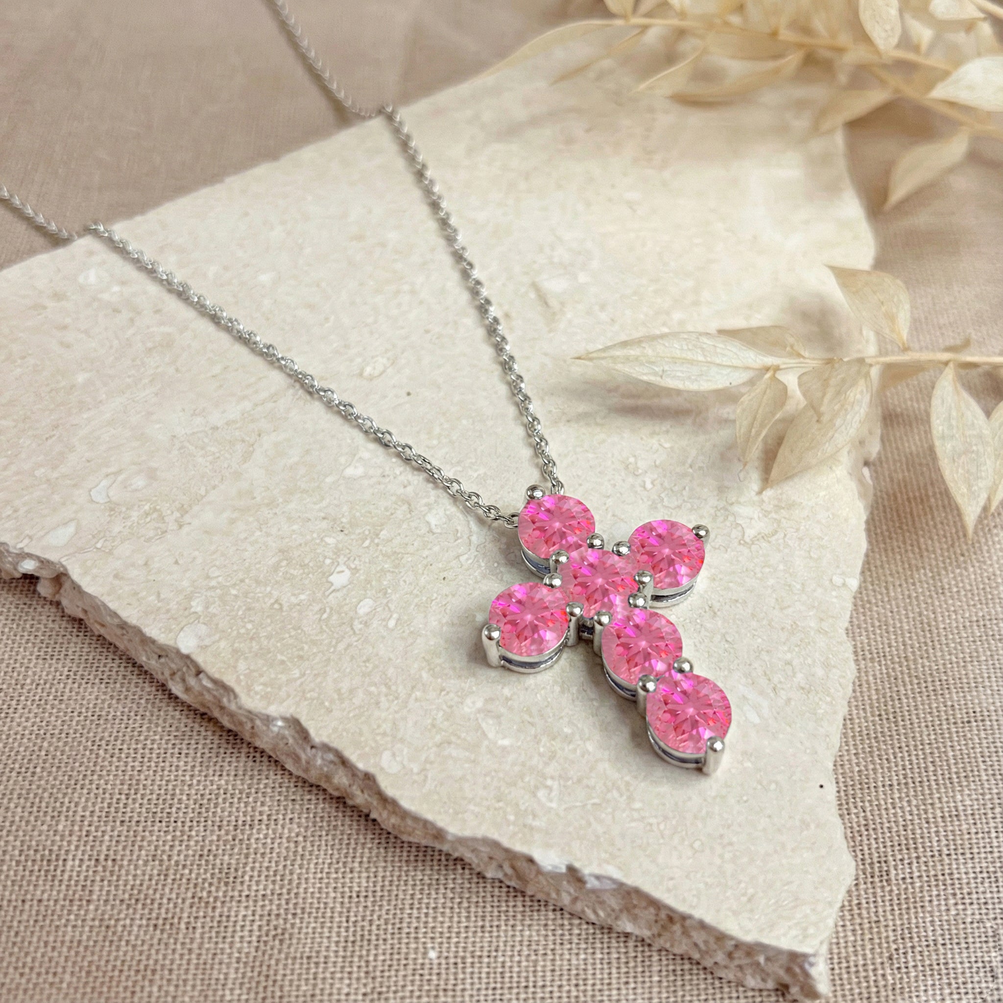 Pink Tourmaline Round Cross Pendant Necklace in 925 Sterling Silver 3.90ct