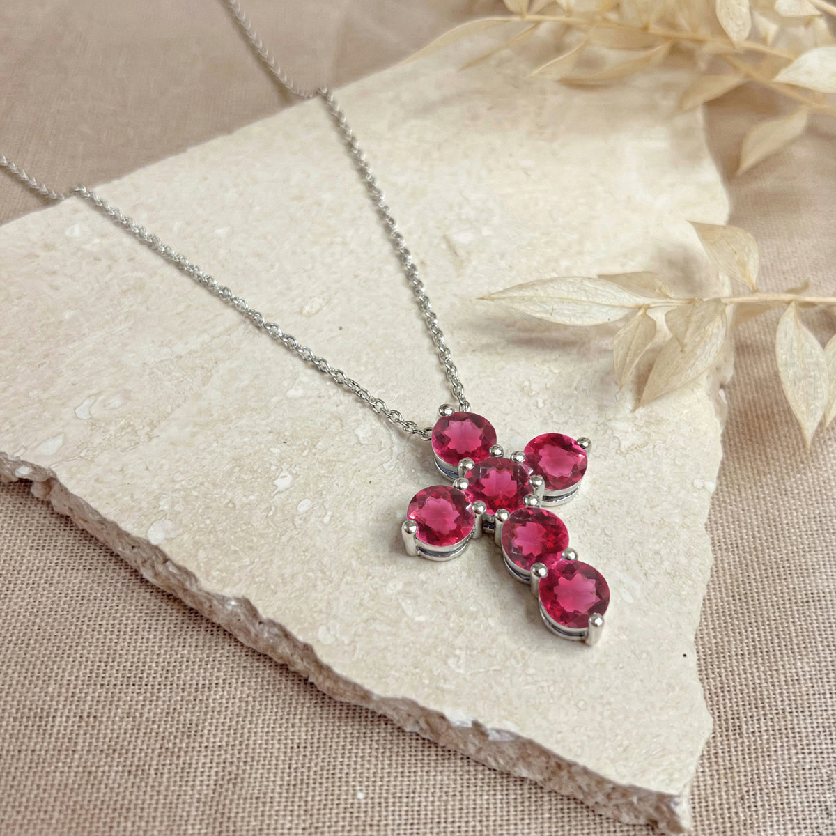 Pink Tourmaline Round Cross Pendant Necklace in 925 Sterling Silver 3.90ct
