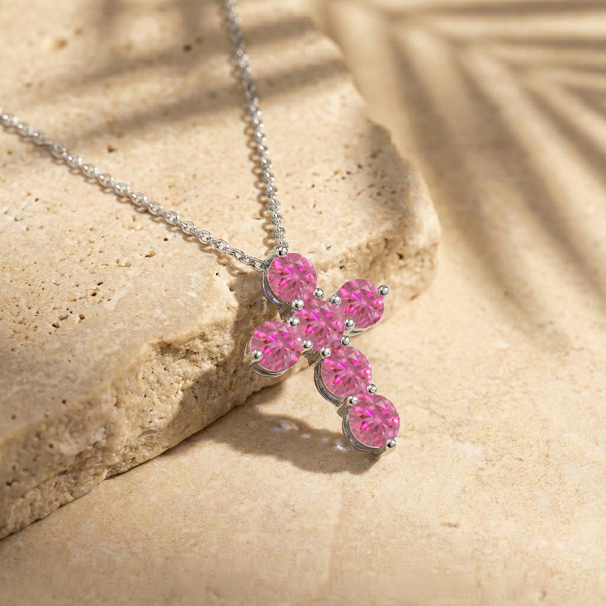Pink Tourmaline Round Cross Pendant Necklace in 925 Sterling Silver 3.90ct