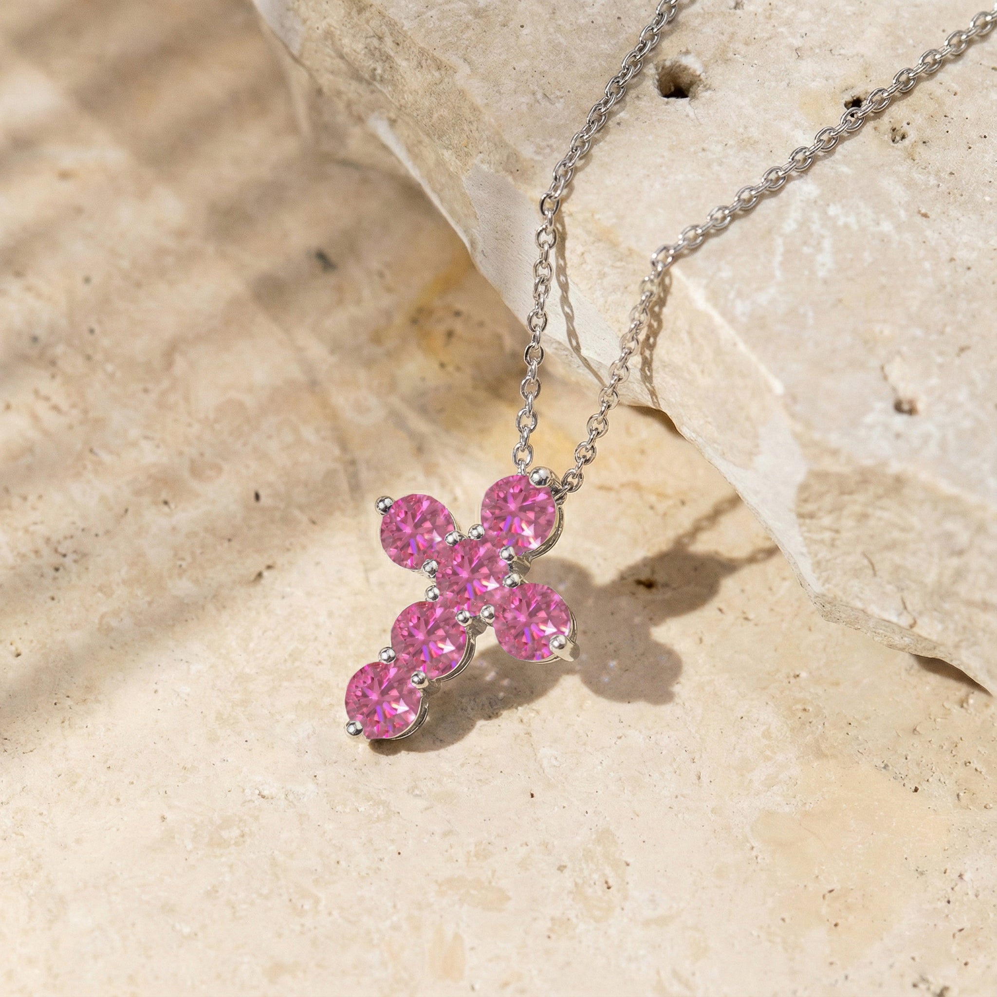 Pink Tourmaline Round Cross Pendant Necklace in 925 Sterling Silver 3.90ct
