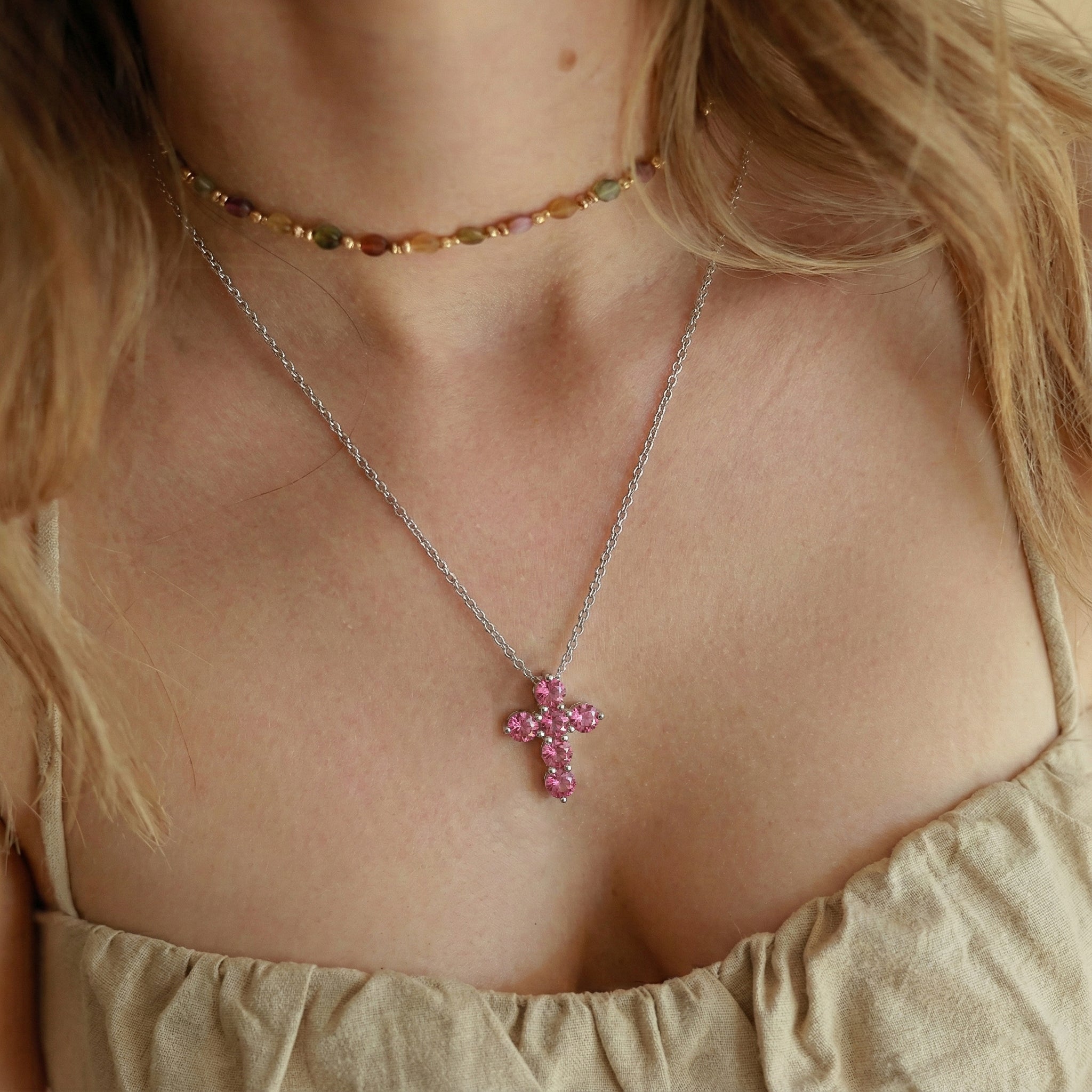 Pink Tourmaline Round Cross Pendant Necklace in 925 Sterling Silver 3.90ct