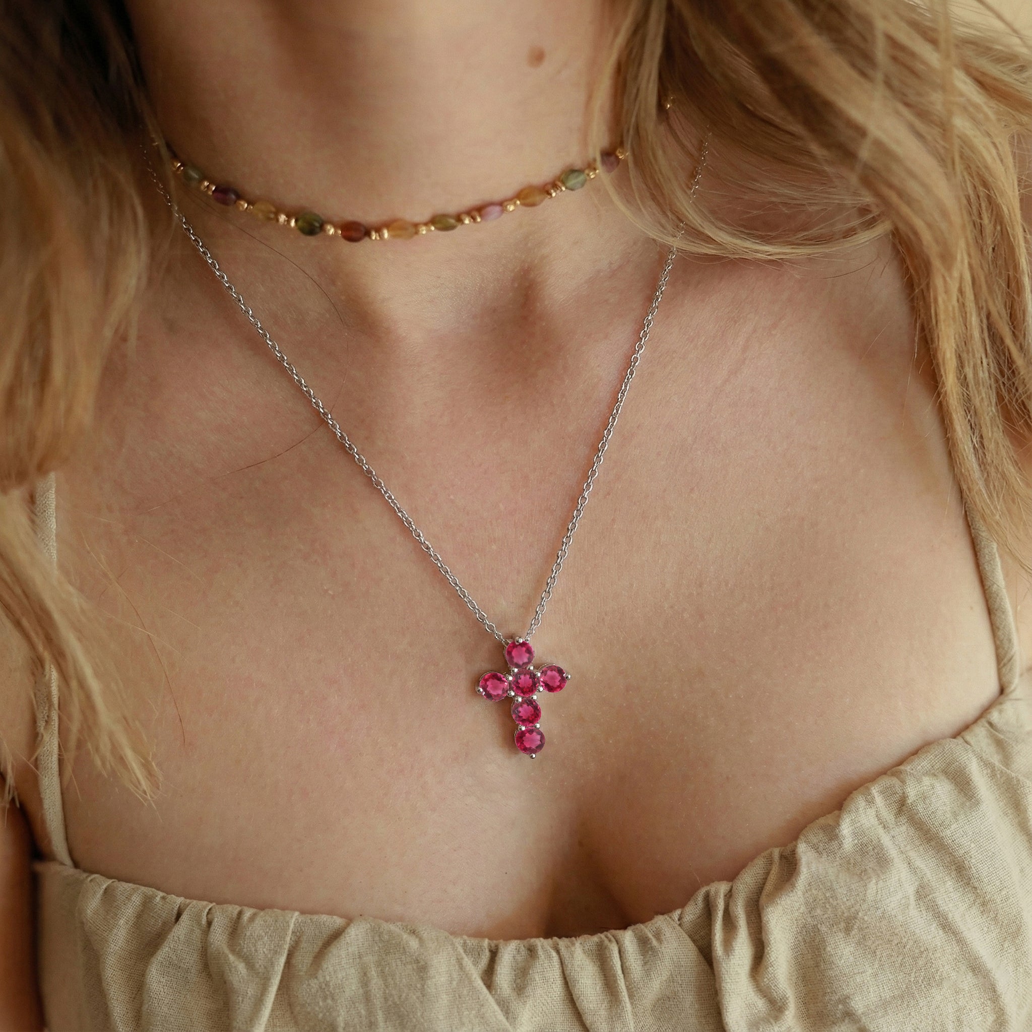 Pink Tourmaline Round Cross Pendant Necklace in 925 Sterling Silver 3.90ct