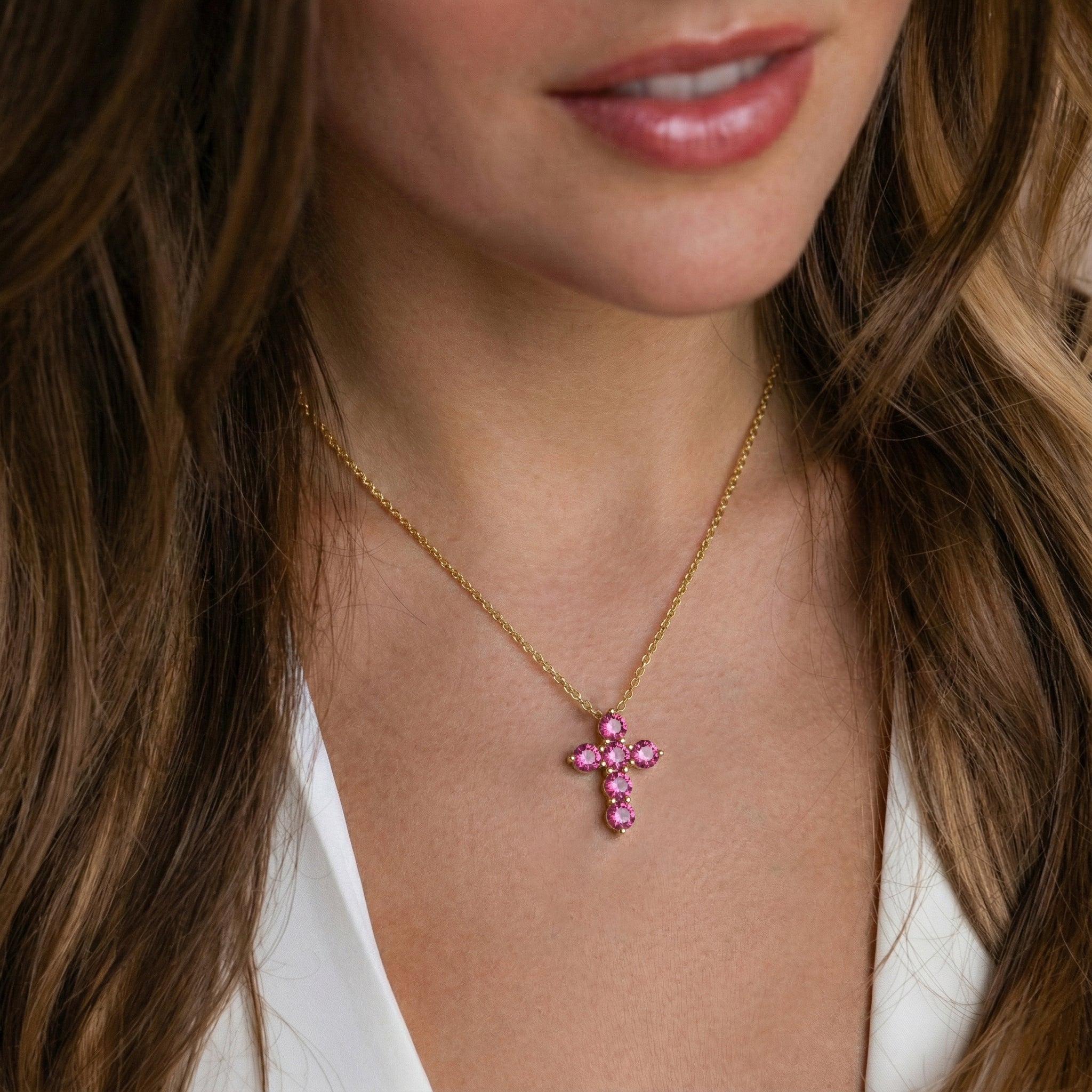 Pink Tourmaline Round Cross Pendant Necklace in Yellow Gold Plated 3.90ct