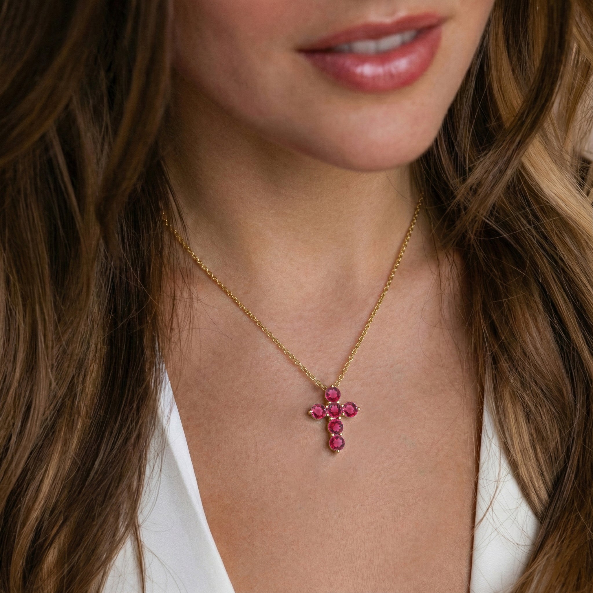 Pink Tourmaline Round Cross Pendant Necklace in 925 Sterling Silver 3.90ct