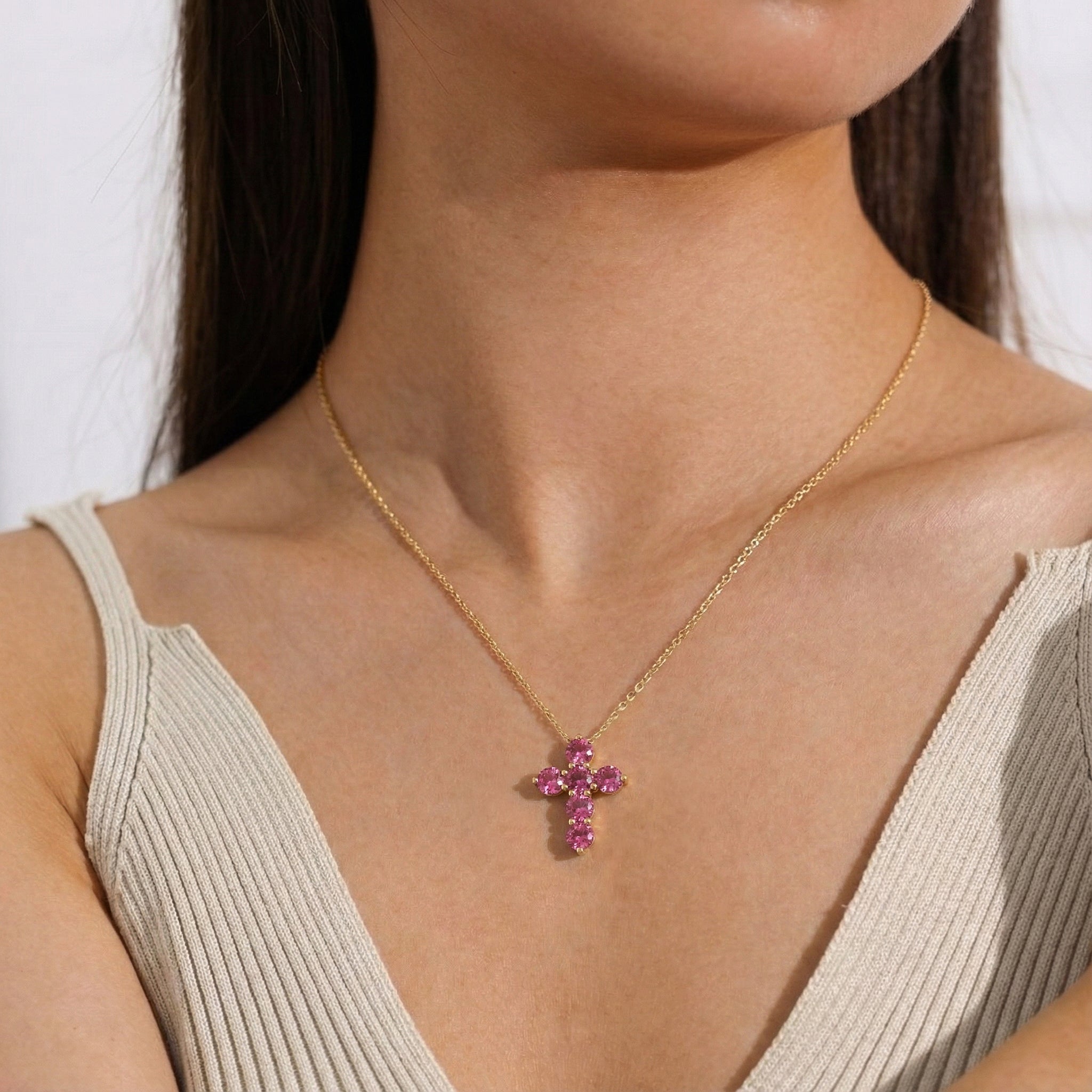 Pink Tourmaline Round Cross Pendant Necklace in Yellow Gold Plated 3.90ct