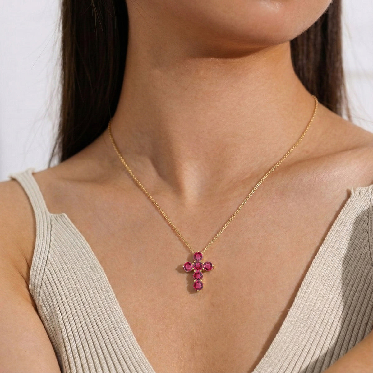 Pink Tourmaline Round Cross Pendant Necklace in 925 Sterling Silver 3.90ct