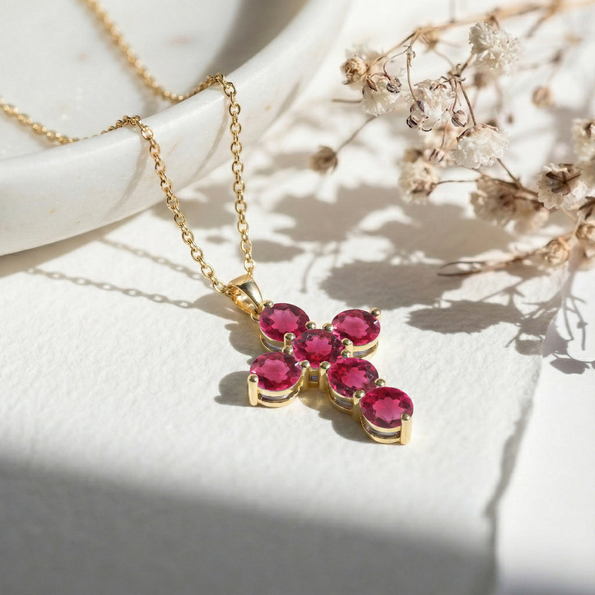 Pink Tourmaline Round Cross Pendant Necklace in 925 Sterling Silver 3.90ct