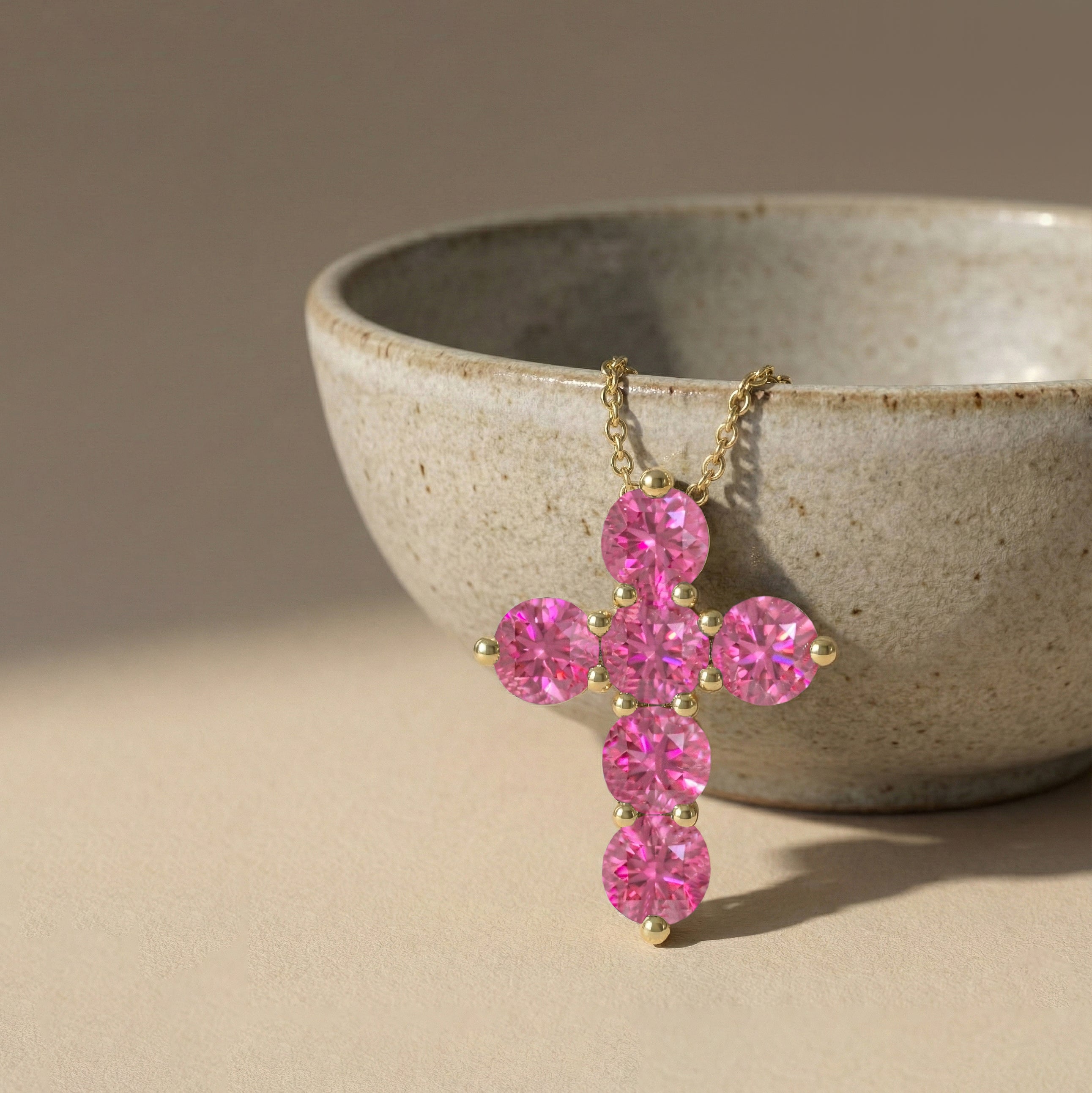 Pink Tourmaline Round Cross Pendant Necklace in Yellow Gold Plated 3.90ct