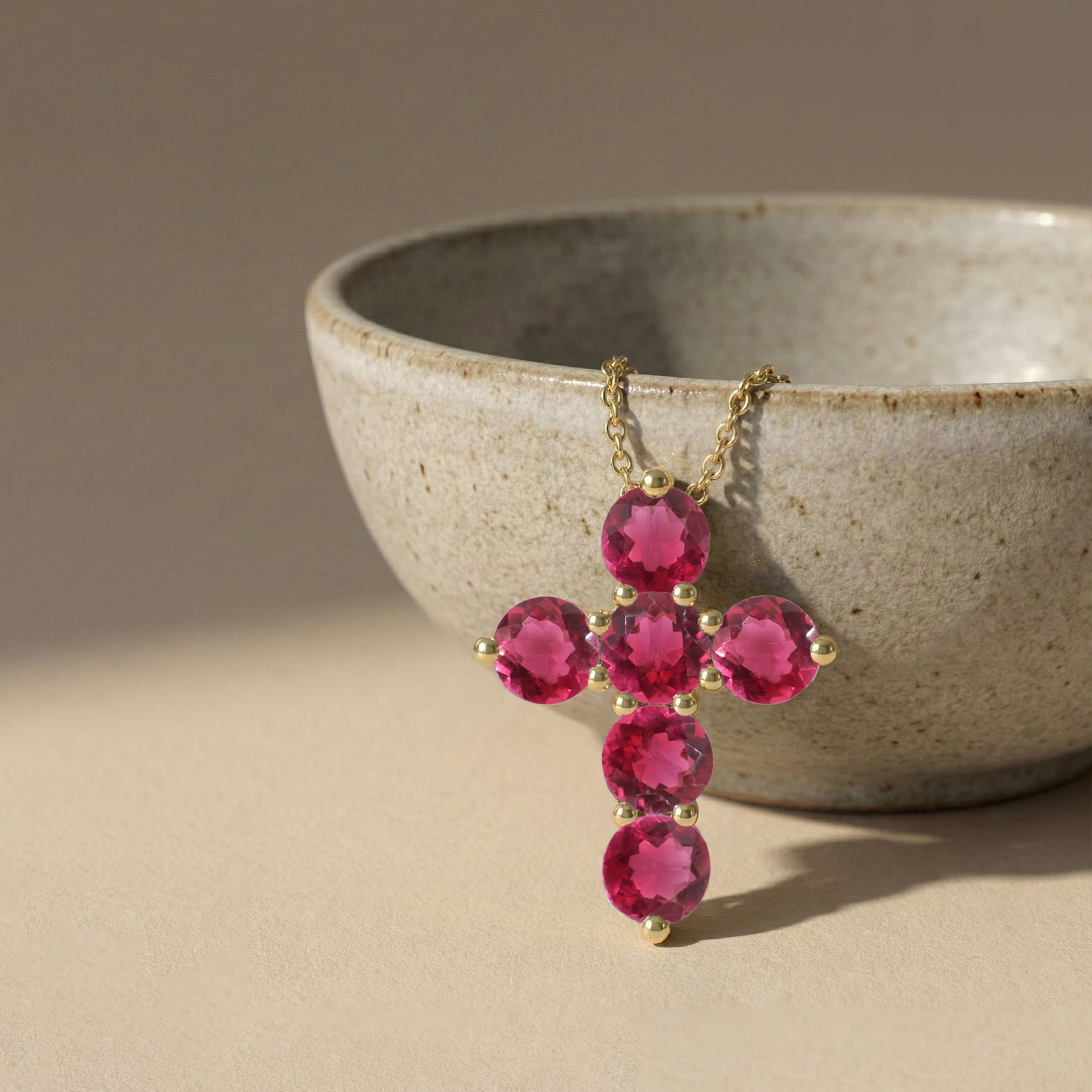 Pink Tourmaline Round Cross Pendant Necklace in 925 Sterling Silver 3.90ct
