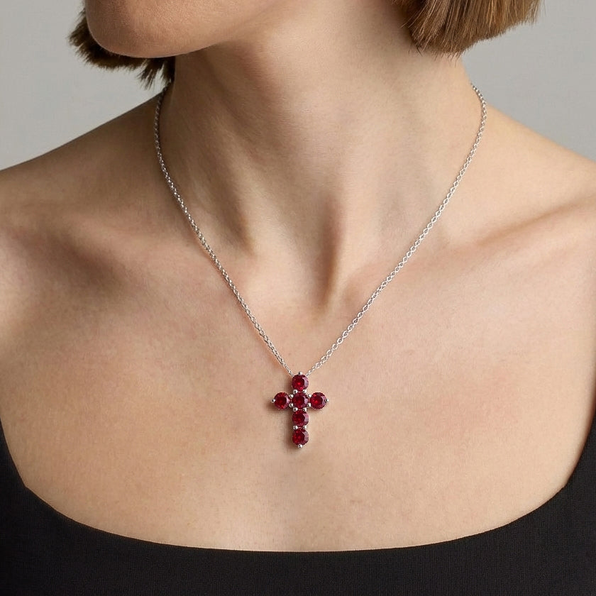 Ruby Round Cross Pendant Necklace in 925 Sterling Silver 3.90ct