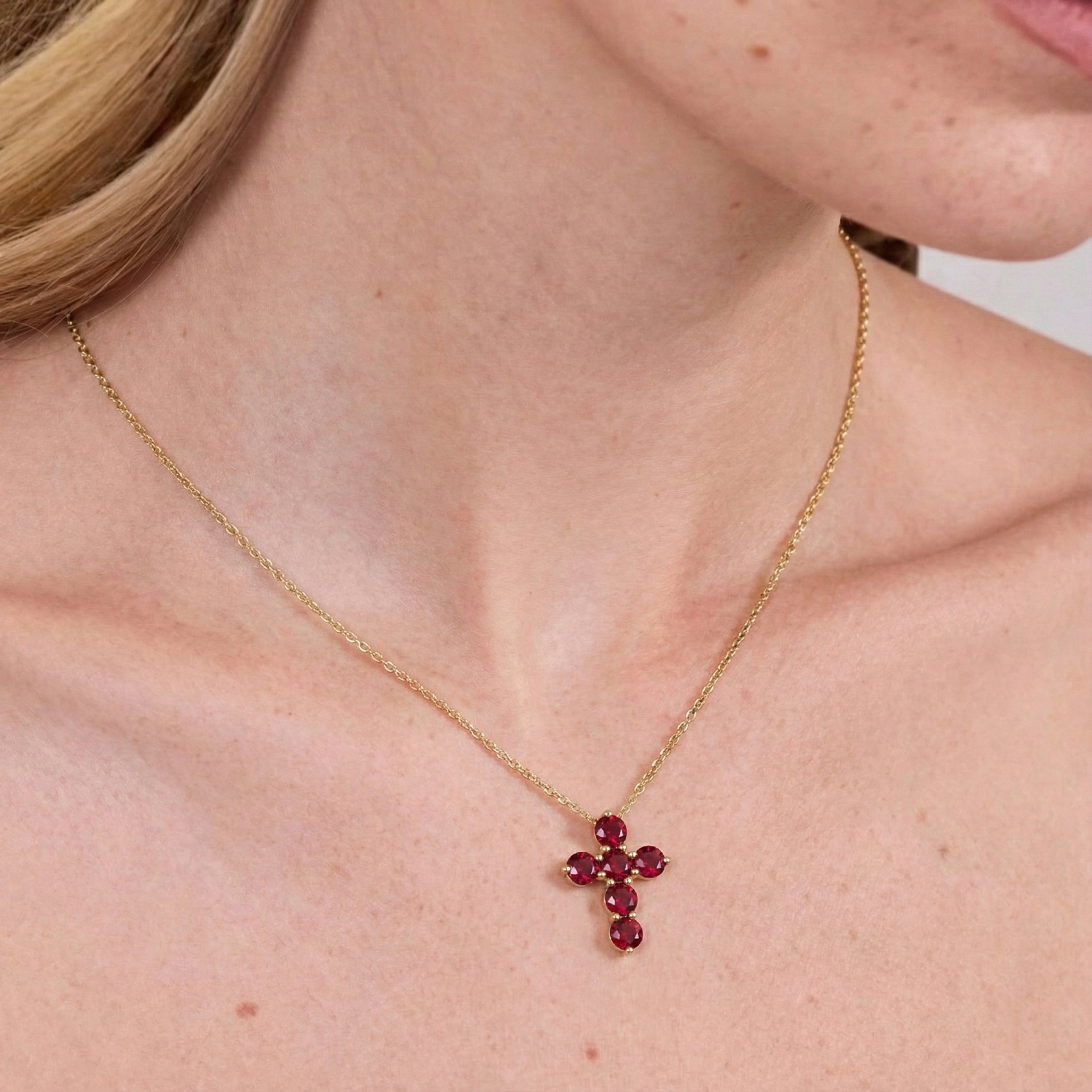Ruby Round Cross Pendant Necklace in Yellow Gold Plated 3.90ct