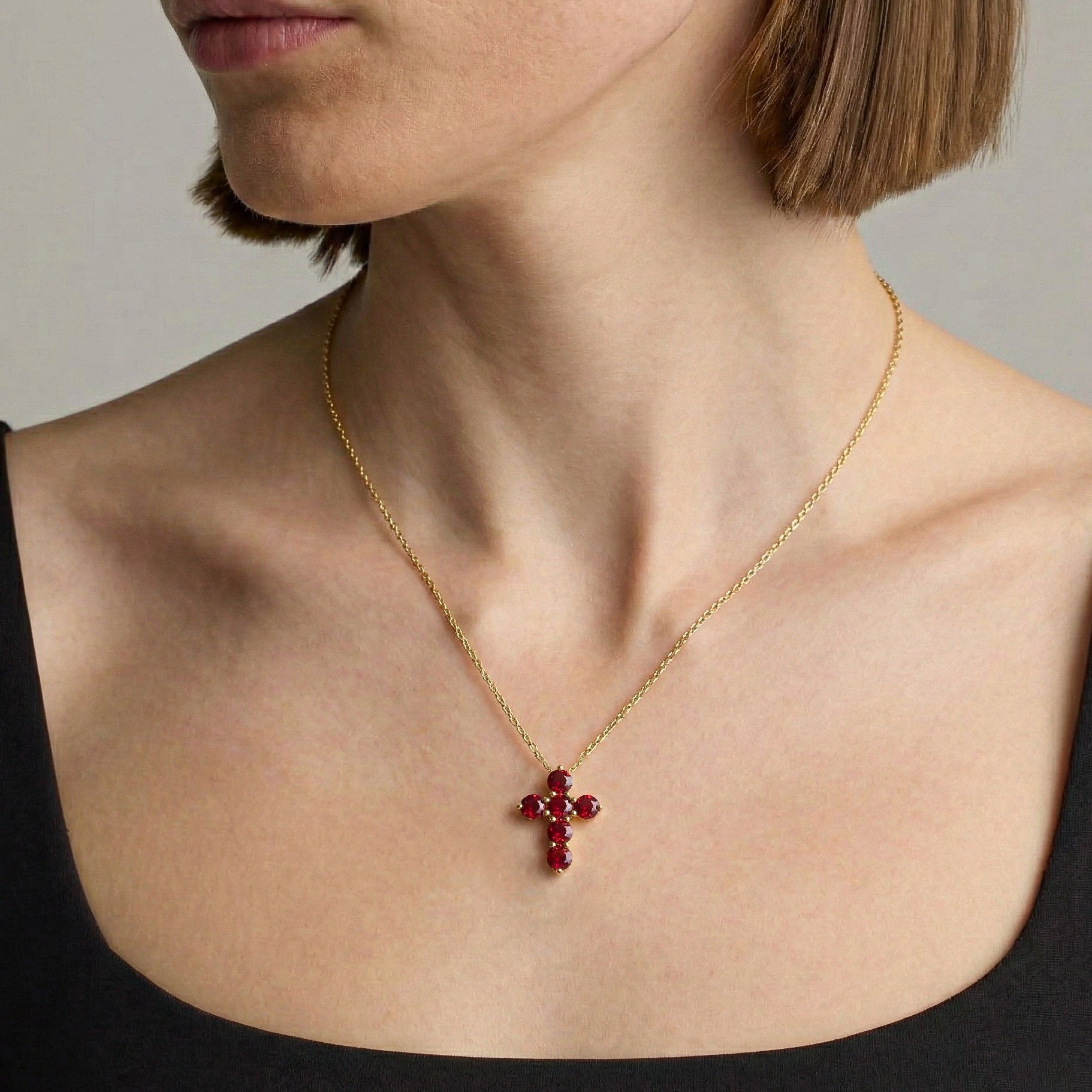 Ruby Round Cross Pendant Necklace in Yellow Gold Plated 3.90ct