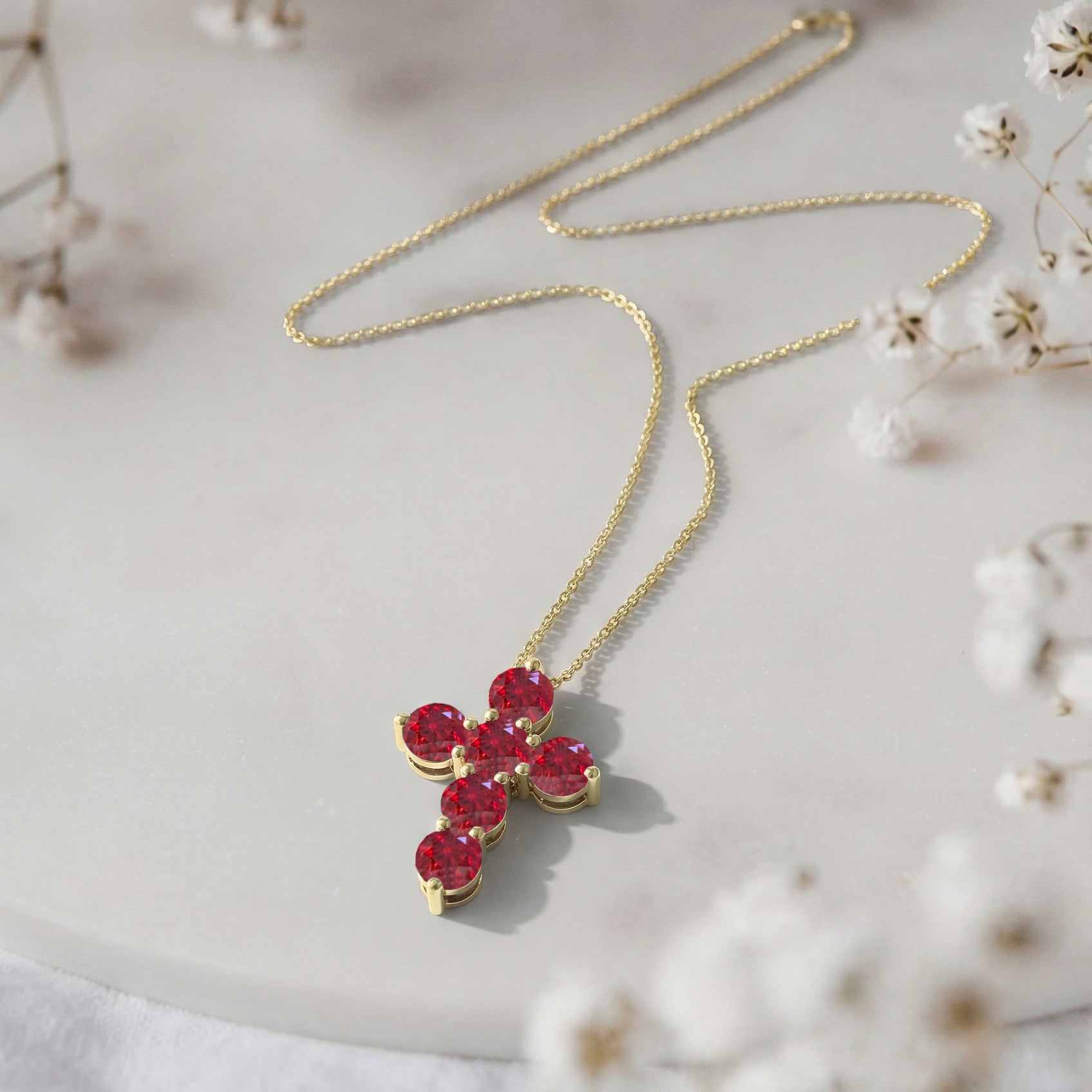 Ruby Round Cross Pendant Necklace in Yellow Gold Plated 3.90ct