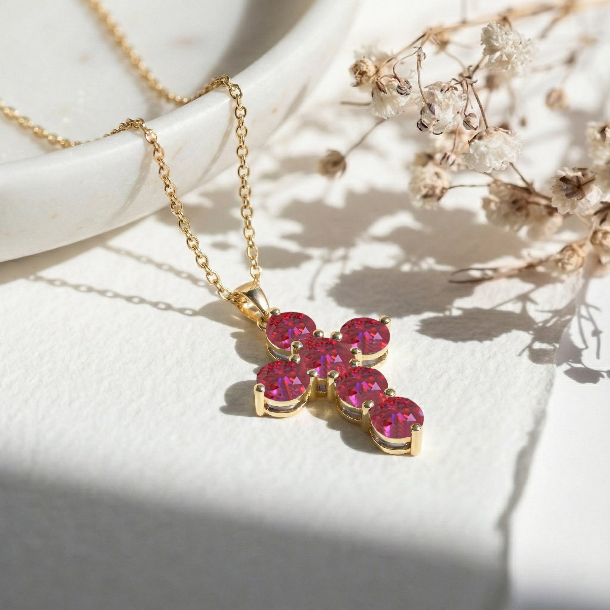Ruby Round Cross Pendant Necklace in 925 Sterling Silver 3.90ct