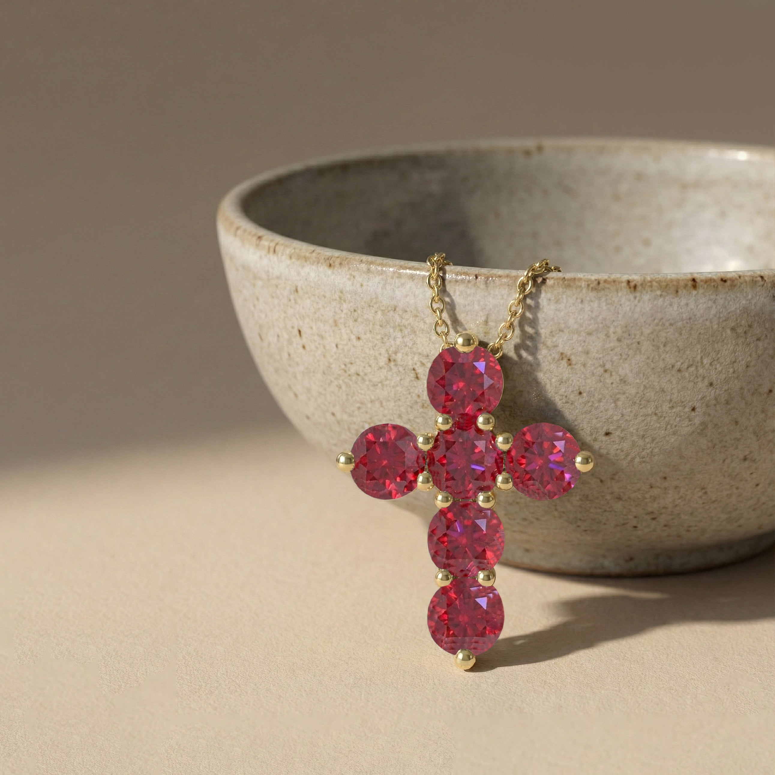 Ruby Round Cross Pendant Necklace in Yellow Gold Plated 3.90ct