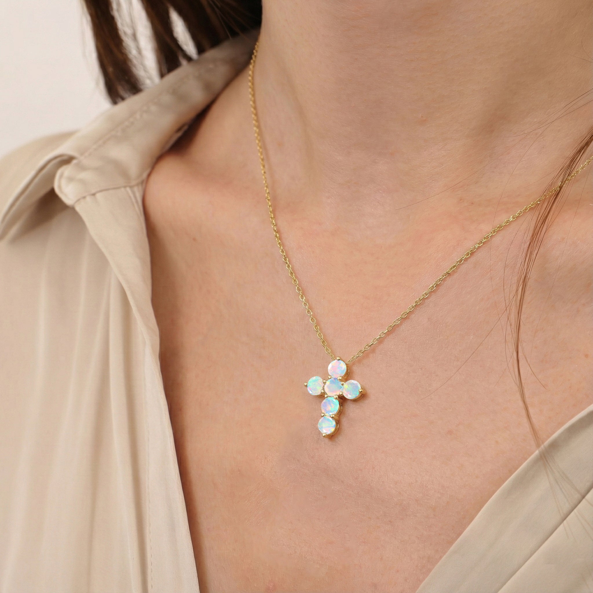 White Opal Round Cross Pendant Necklace in Yellow Gold Plated 3.90ct