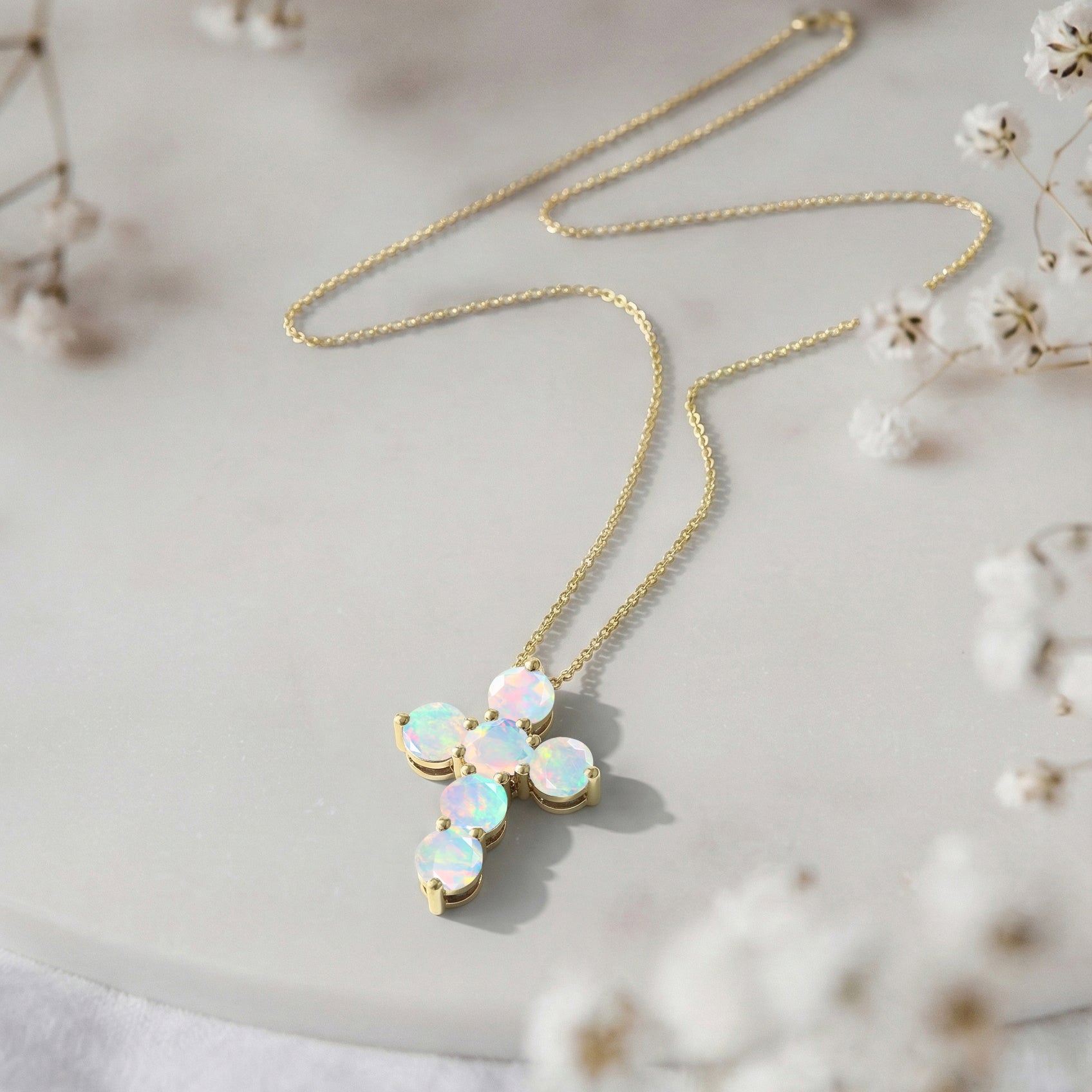 White Opal Round Cross Pendant Necklace in Yellow Gold Plated 3.90ct