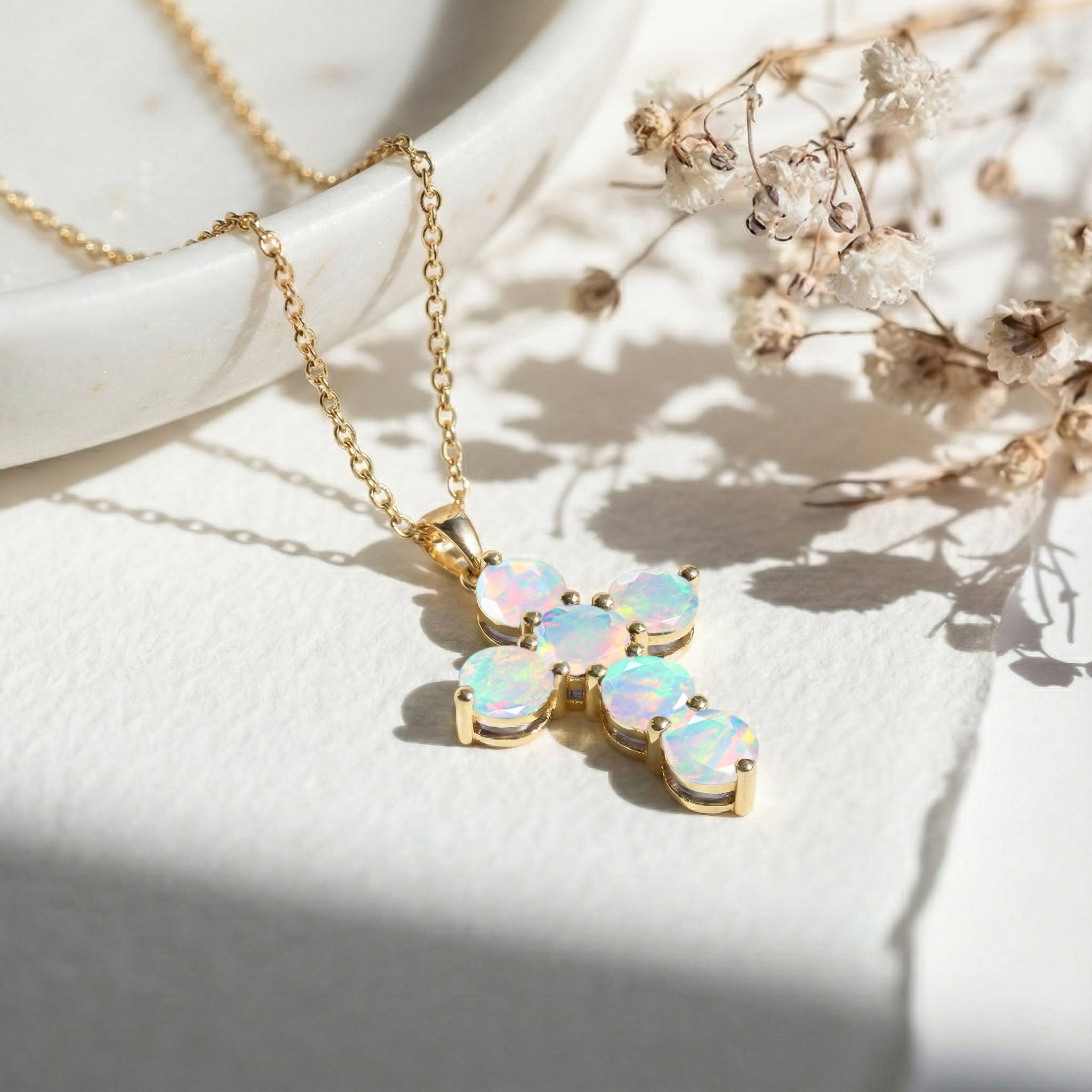 White Opal Round Cross Pendant Necklace in Yellow Gold Plated 3.90ct