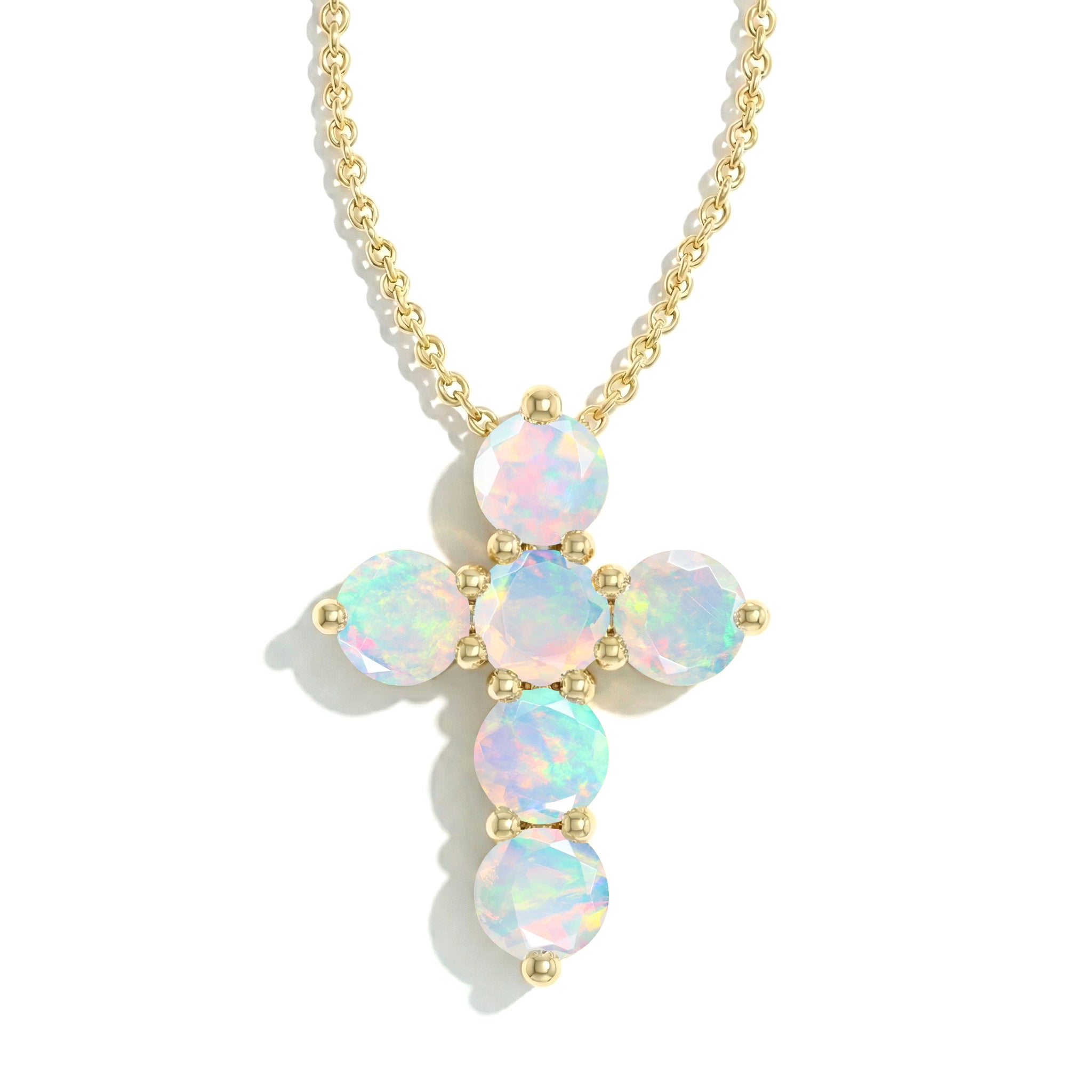 White Opal Round Cross Pendant Necklace in Yellow Gold Plated 3.90ct