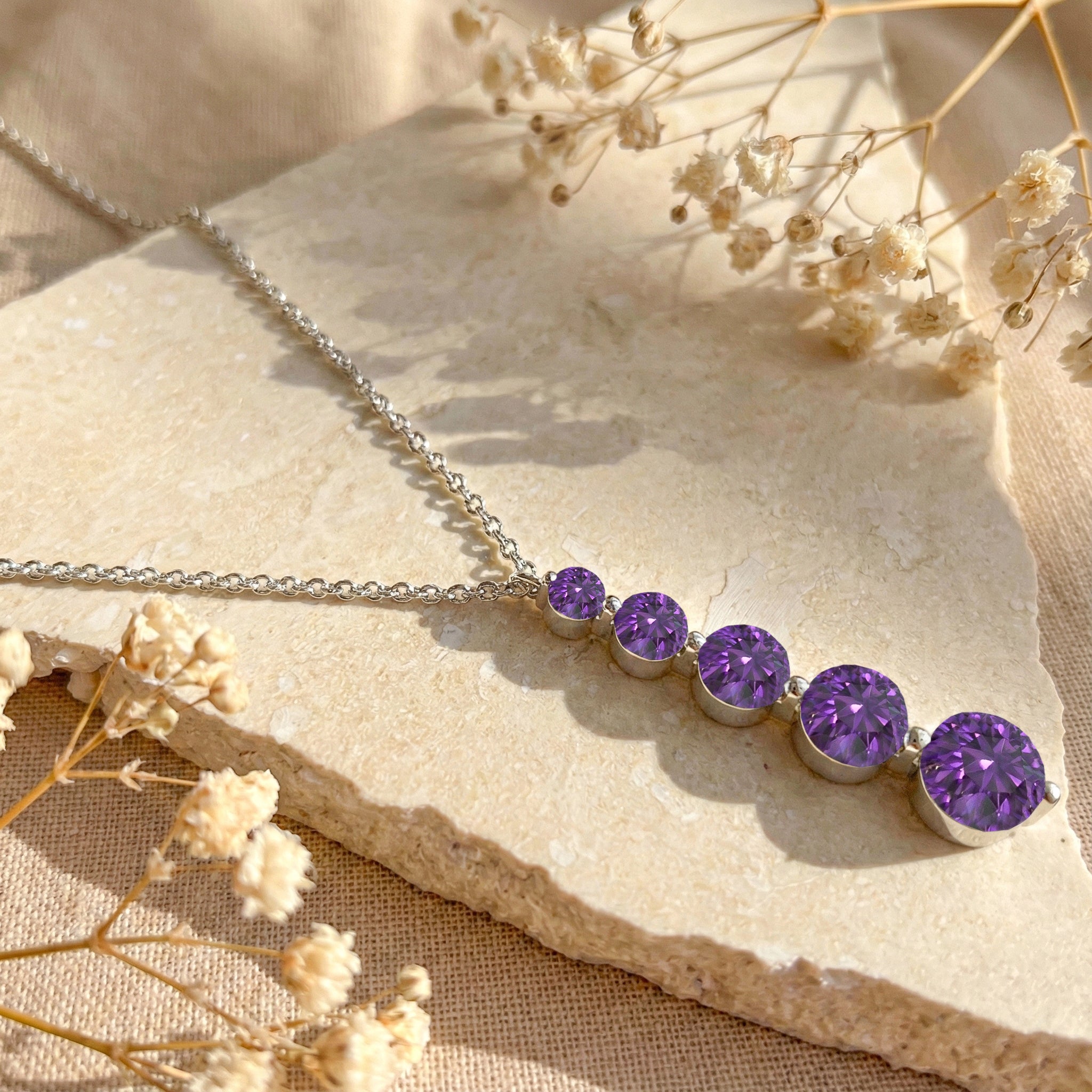 Amethyst Round 5 Stone Bar Pendant Necklace in 925 Sterling Silver 3.90ct
