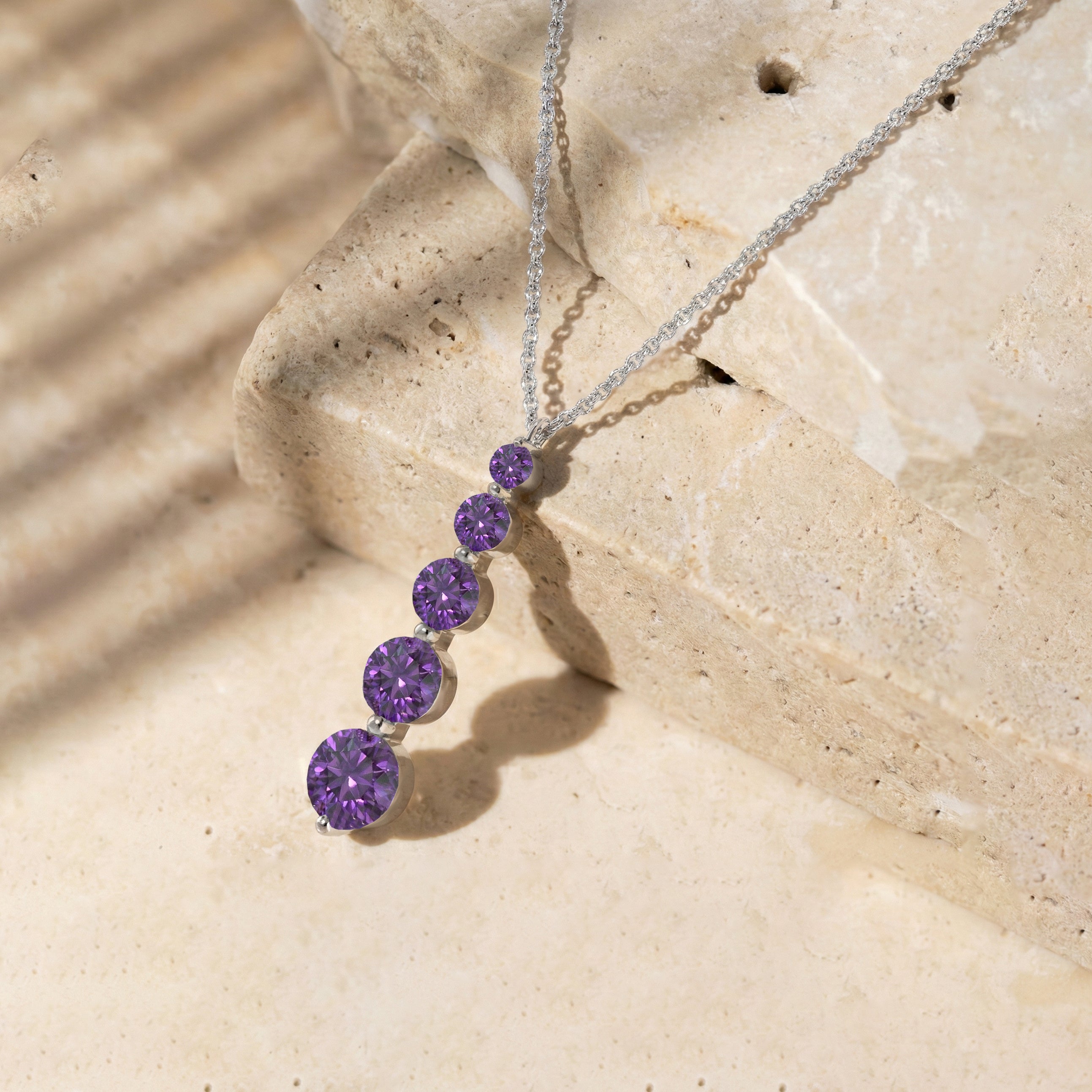 Amethyst Round 5 Stone Bar Pendant Necklace in 925 Sterling Silver 3.90ct
