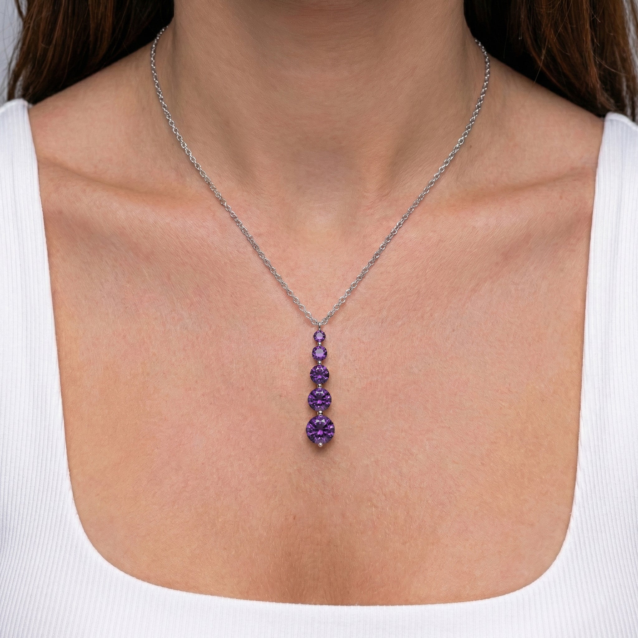 Amethyst Round 5 Stone Bar Pendant Necklace in 925 Sterling Silver 3.90ct
