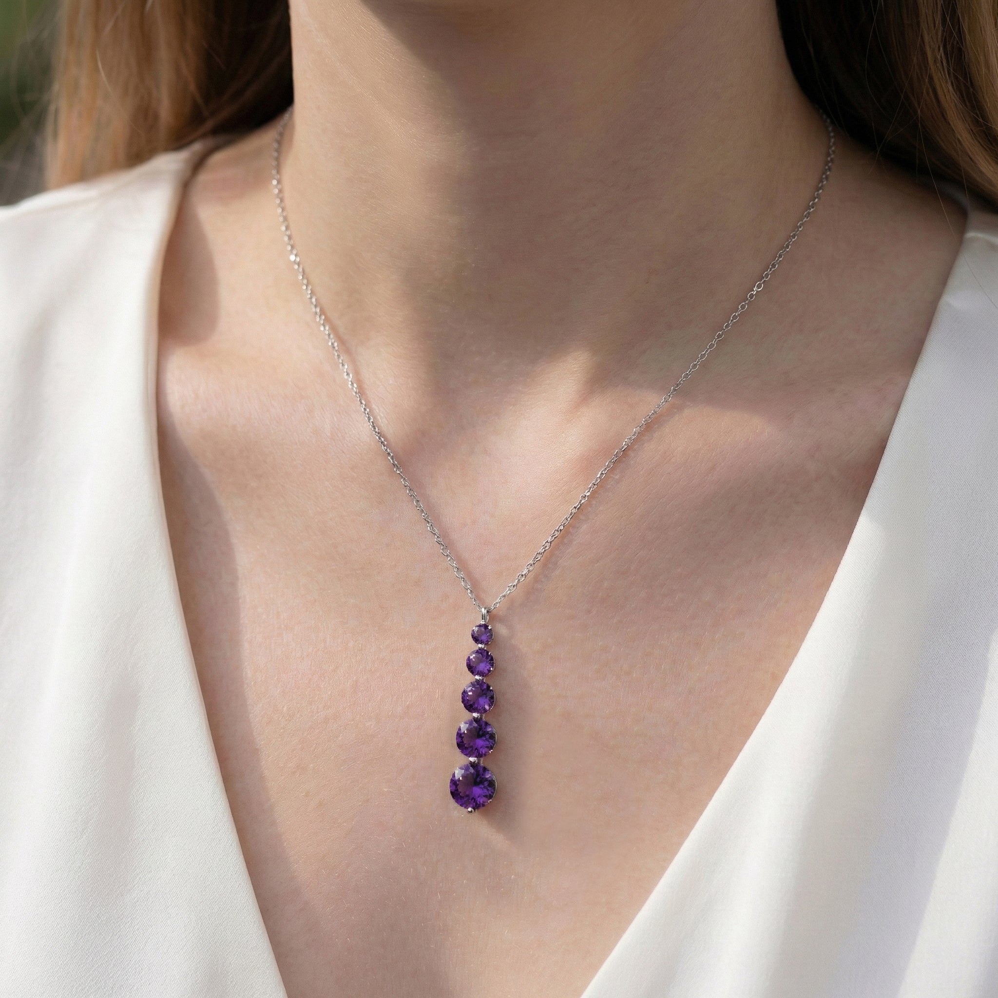 Amethyst Round 5 Stone Bar Pendant Necklace in 925 Sterling Silver 3.90ct
