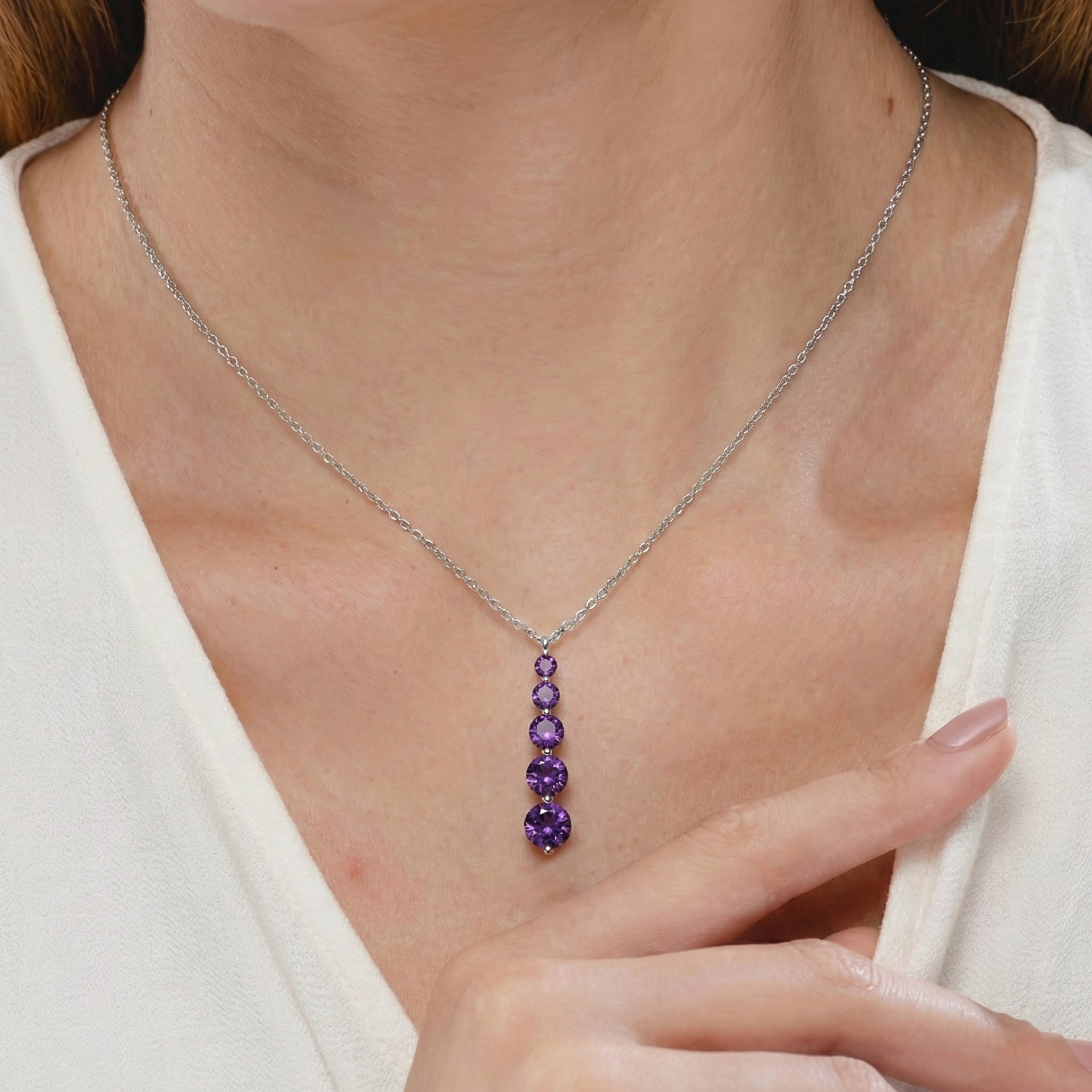 Amethyst Round 5 Stone Bar Pendant Necklace in 925 Sterling Silver 3.90ct
