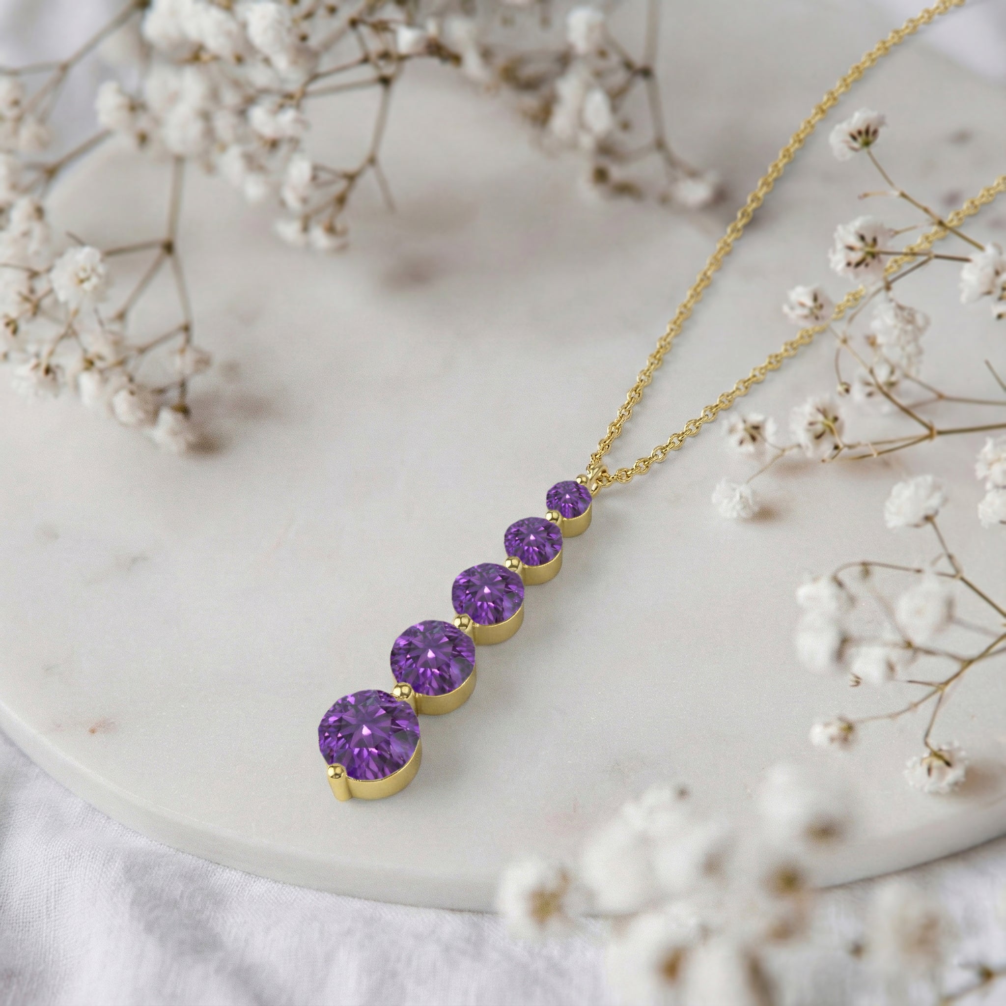 Amethyst Round 5 Stone Bar Pendant Necklace in Yellow Gold Plated 3.90ct