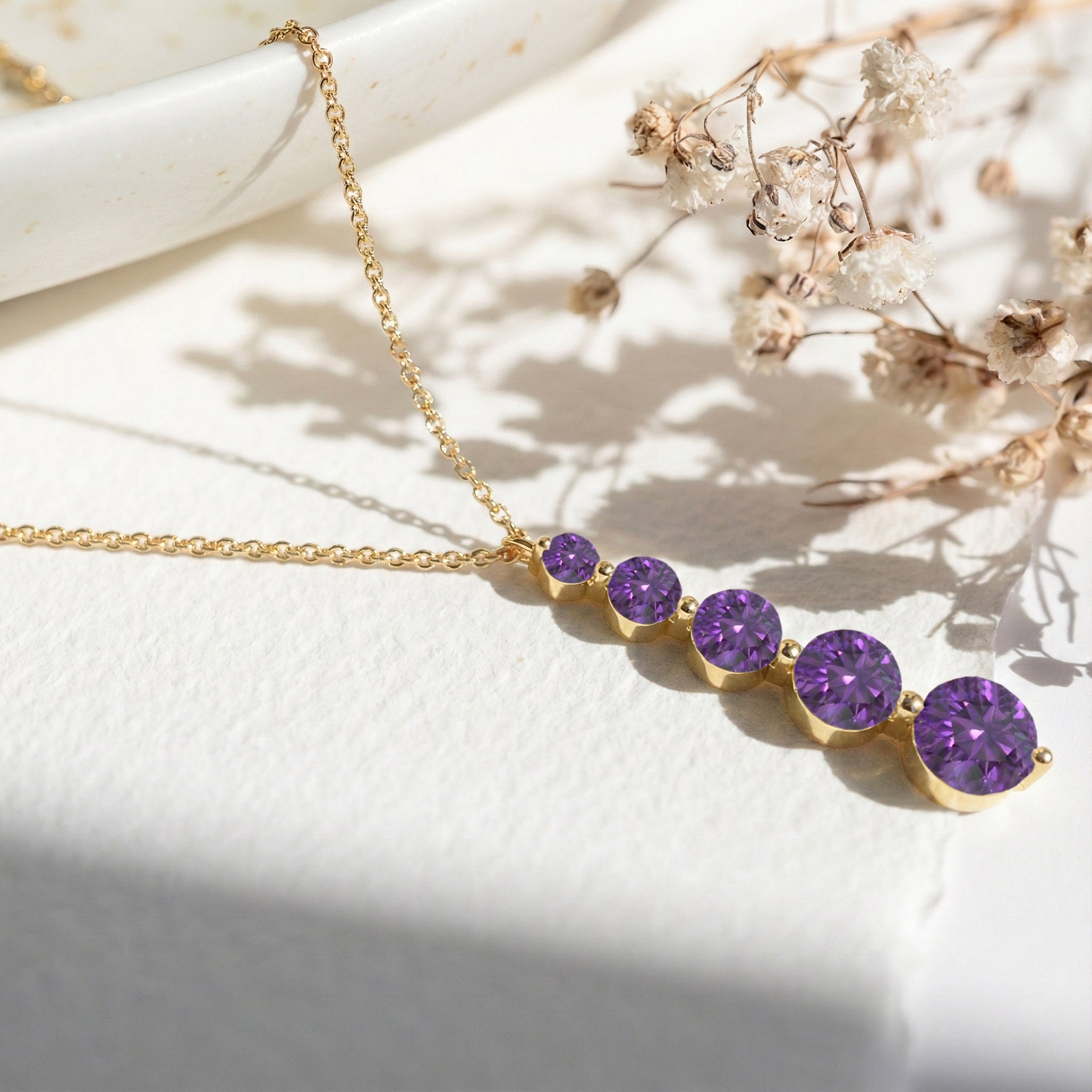 Amethyst Round 5 Stone Bar Pendant Necklace in Yellow Gold Plated 3.90ct