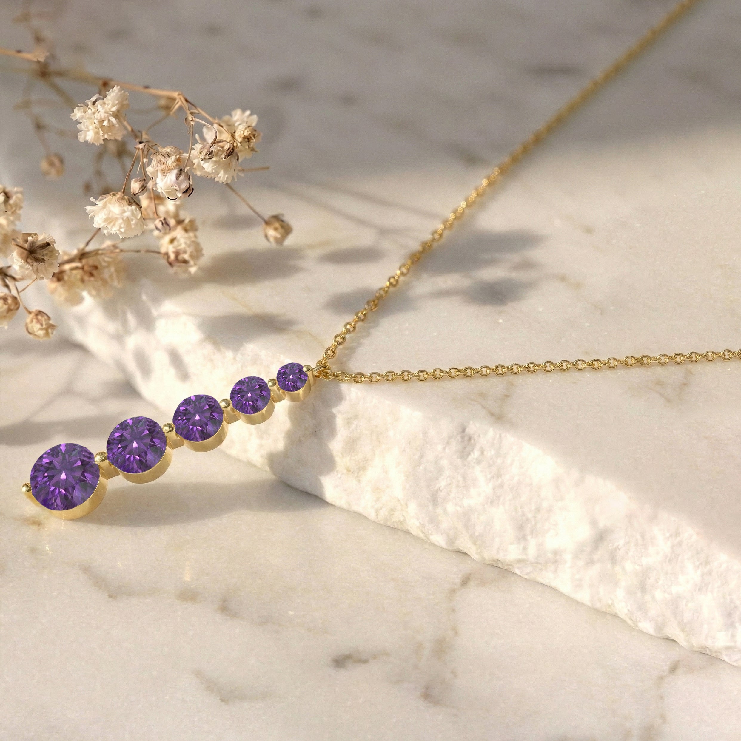 Amethyst Round 5 Stone Bar Pendant Necklace in Yellow Gold Plated 3.90ct