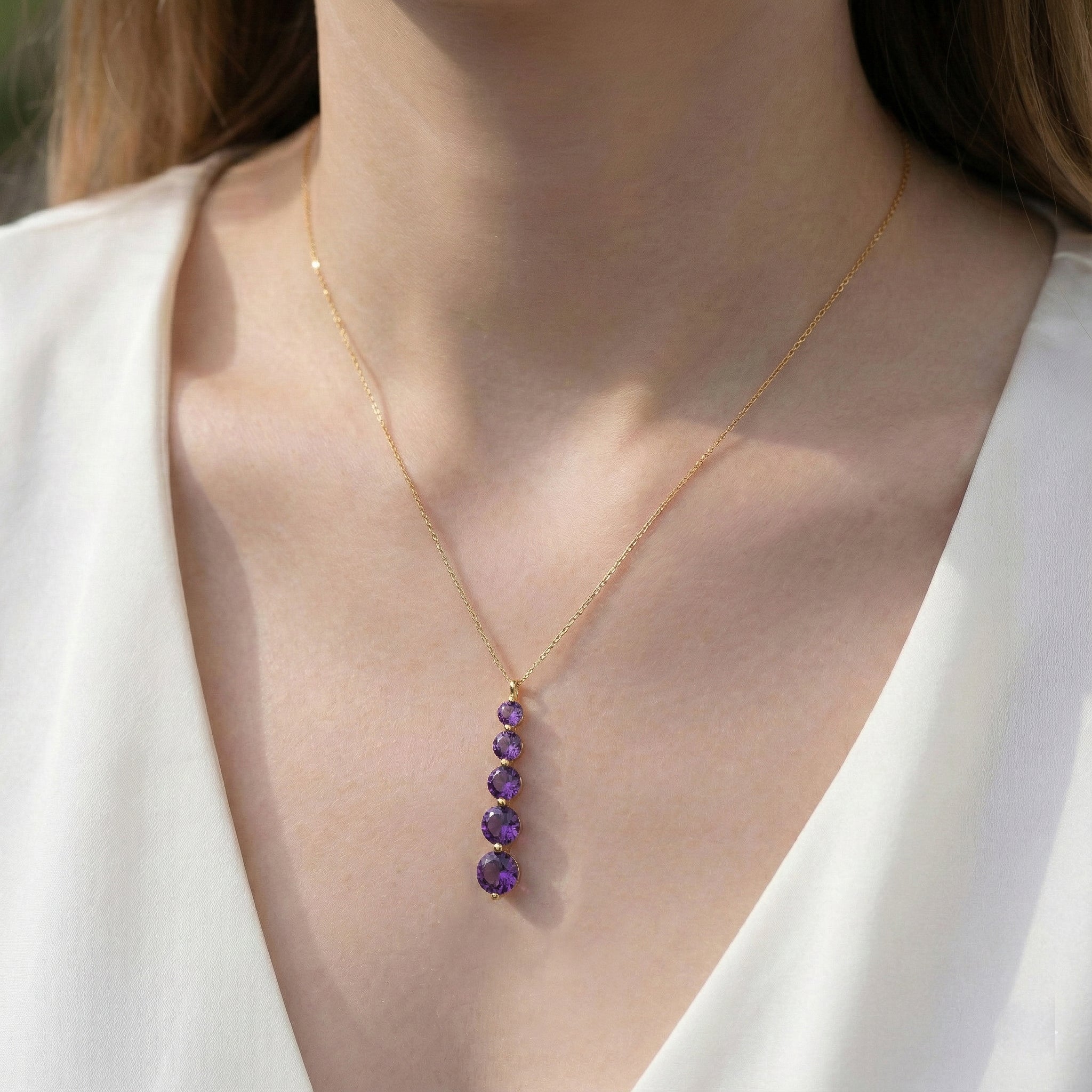 Amethyst Round 5 Stone Bar Pendant Necklace in Yellow Gold Plated 3.90ct