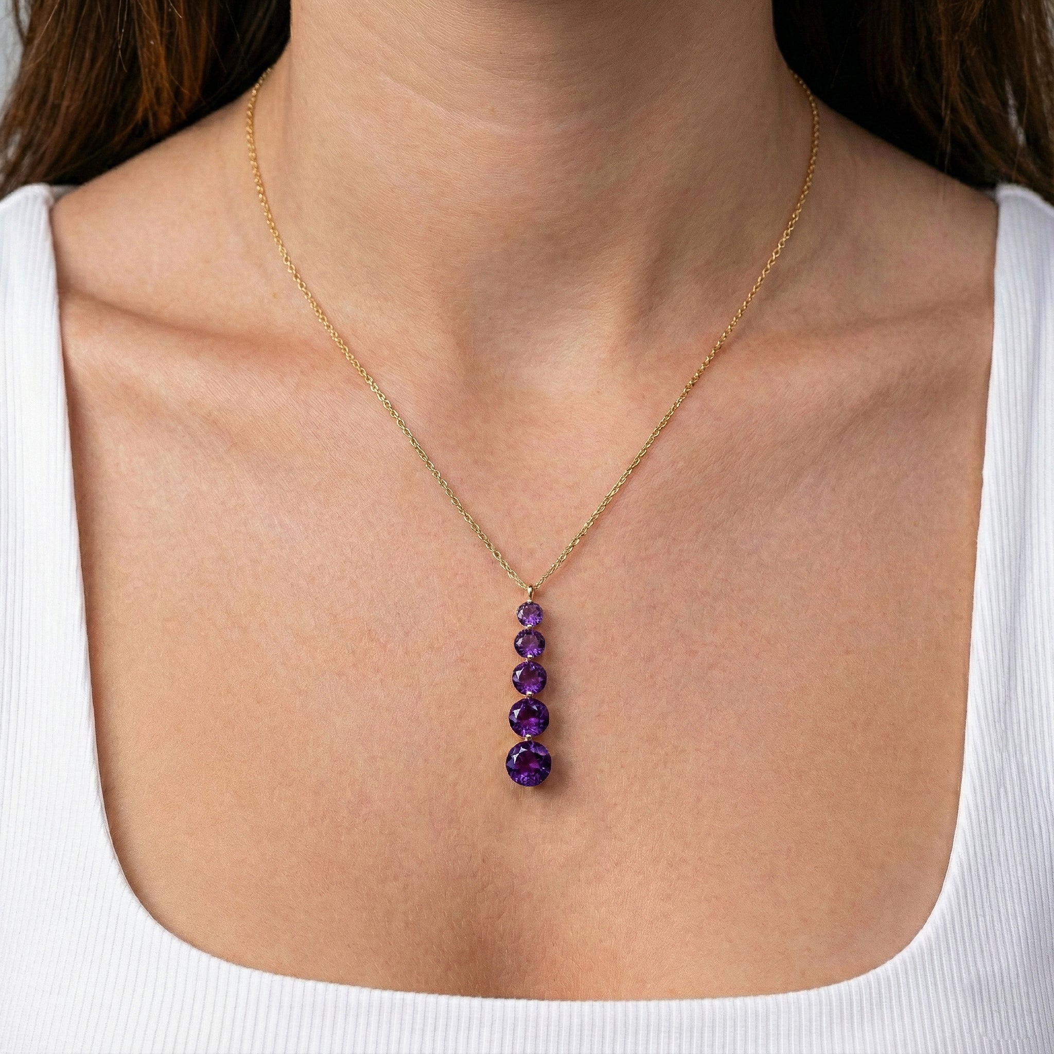 Amethyst Round 5 Stone Bar Pendant Necklace in Yellow Gold Plated 3.90ct