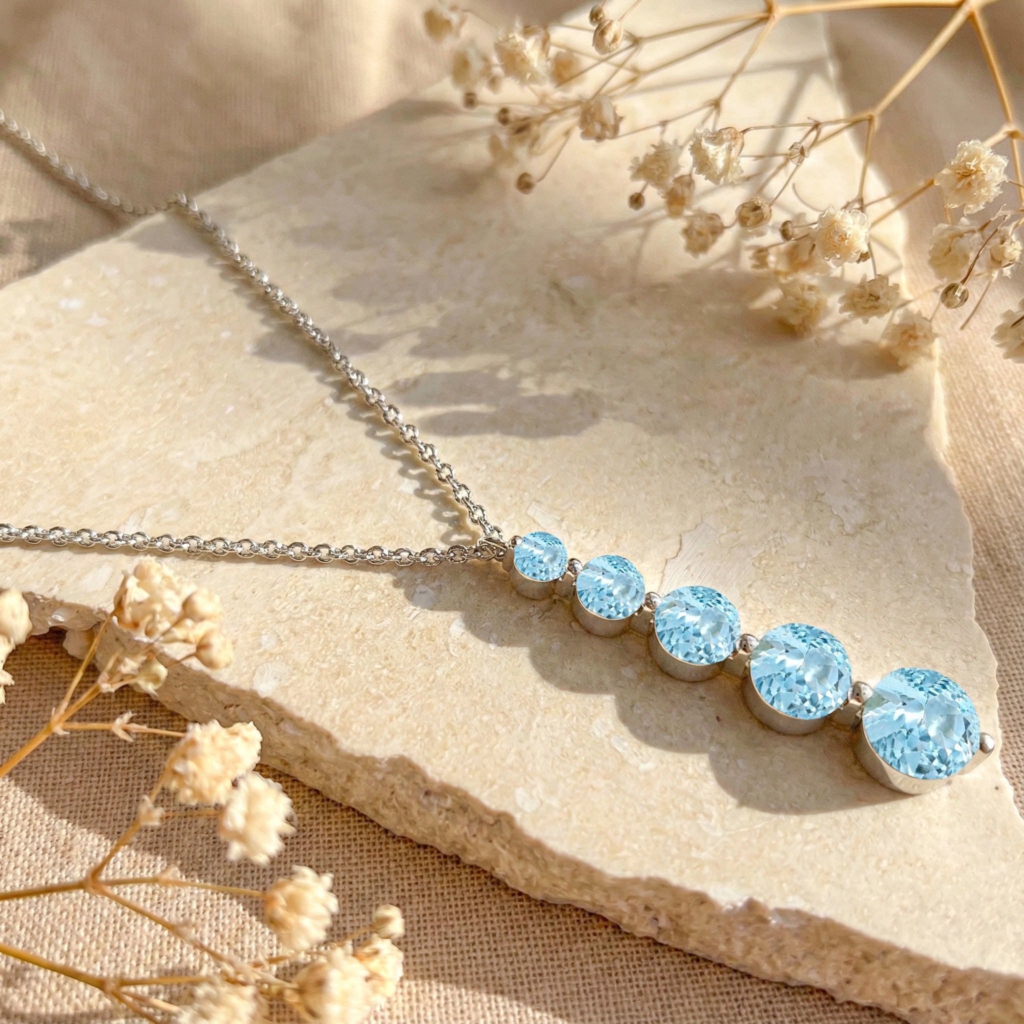 Aquamarine Round 5 Stone Bar Pendant Necklace in 925 Sterling Silver 3.90ct
