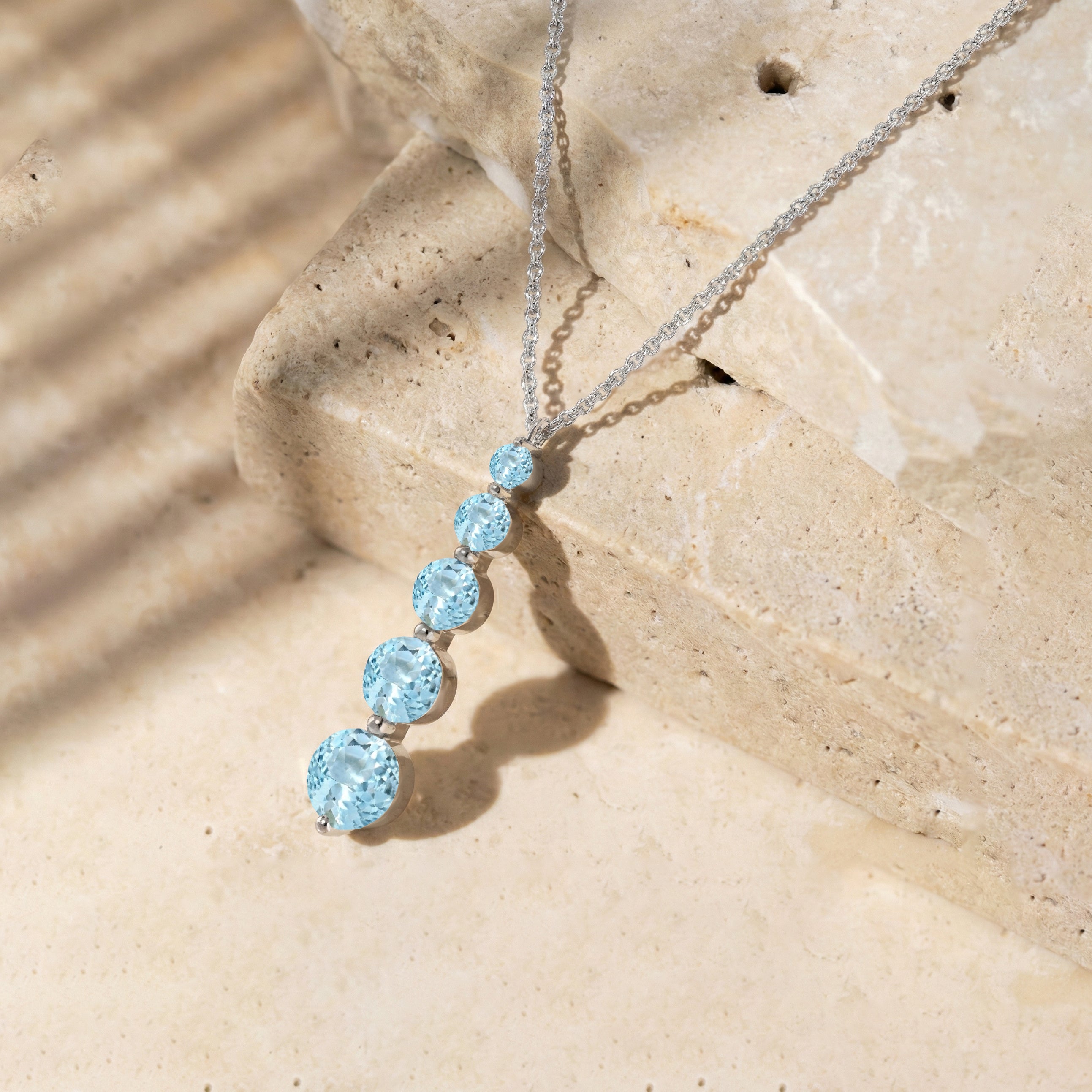 Aquamarine Round 5 Stone Bar Pendant Necklace in 925 Sterling Silver 3.90ct
