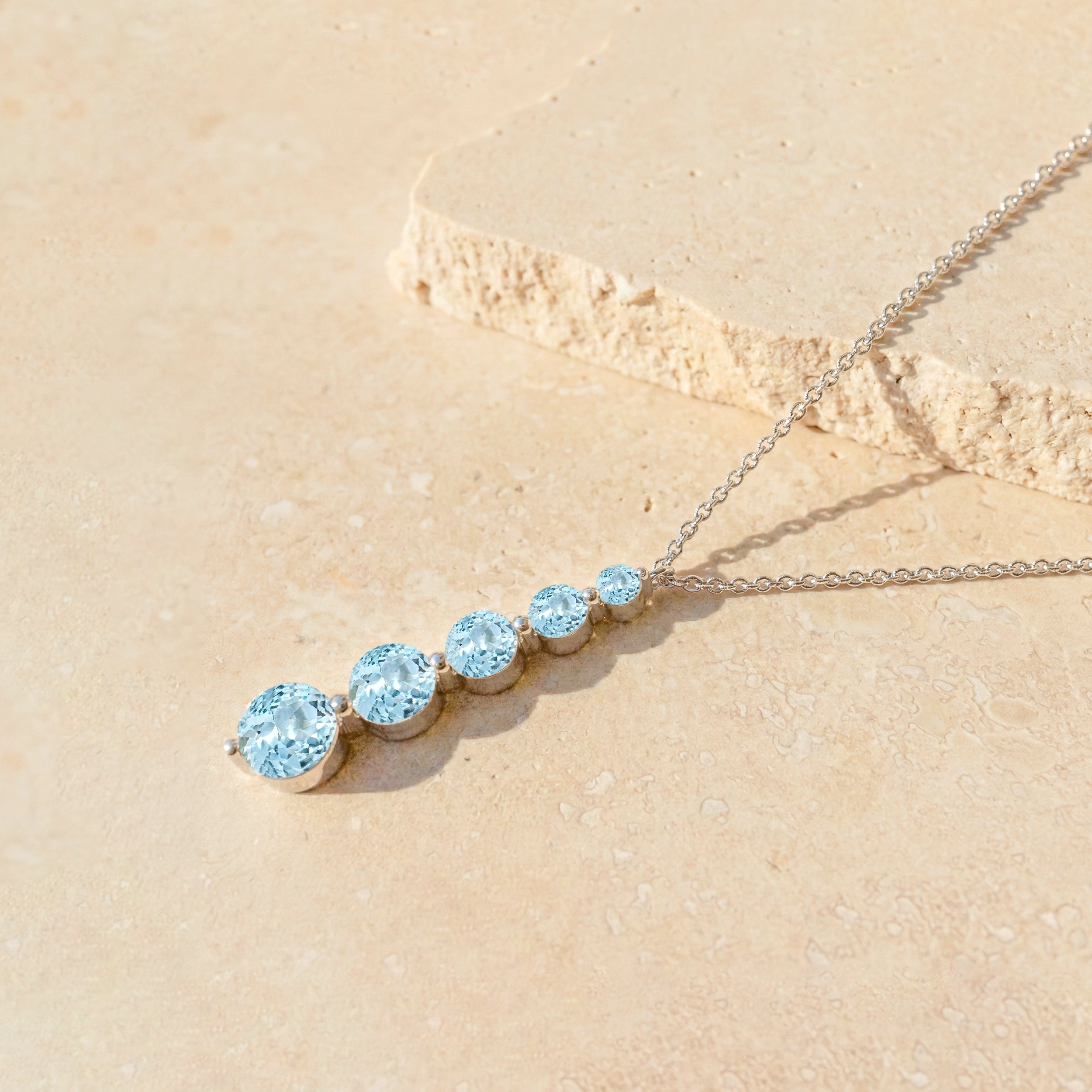 Aquamarine Round 5 Stone Bar Pendant Necklace in 925 Sterling Silver 3.90ct
