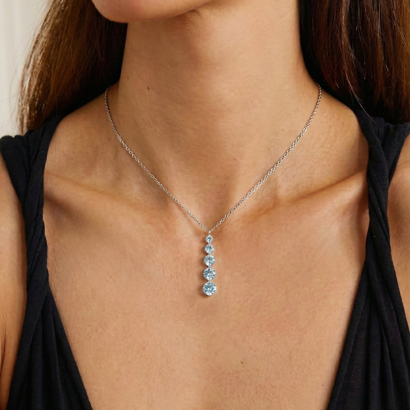 Aquamarine Round 5 Stone Bar Pendant Necklace in 925 Sterling Silver 3.90ct
