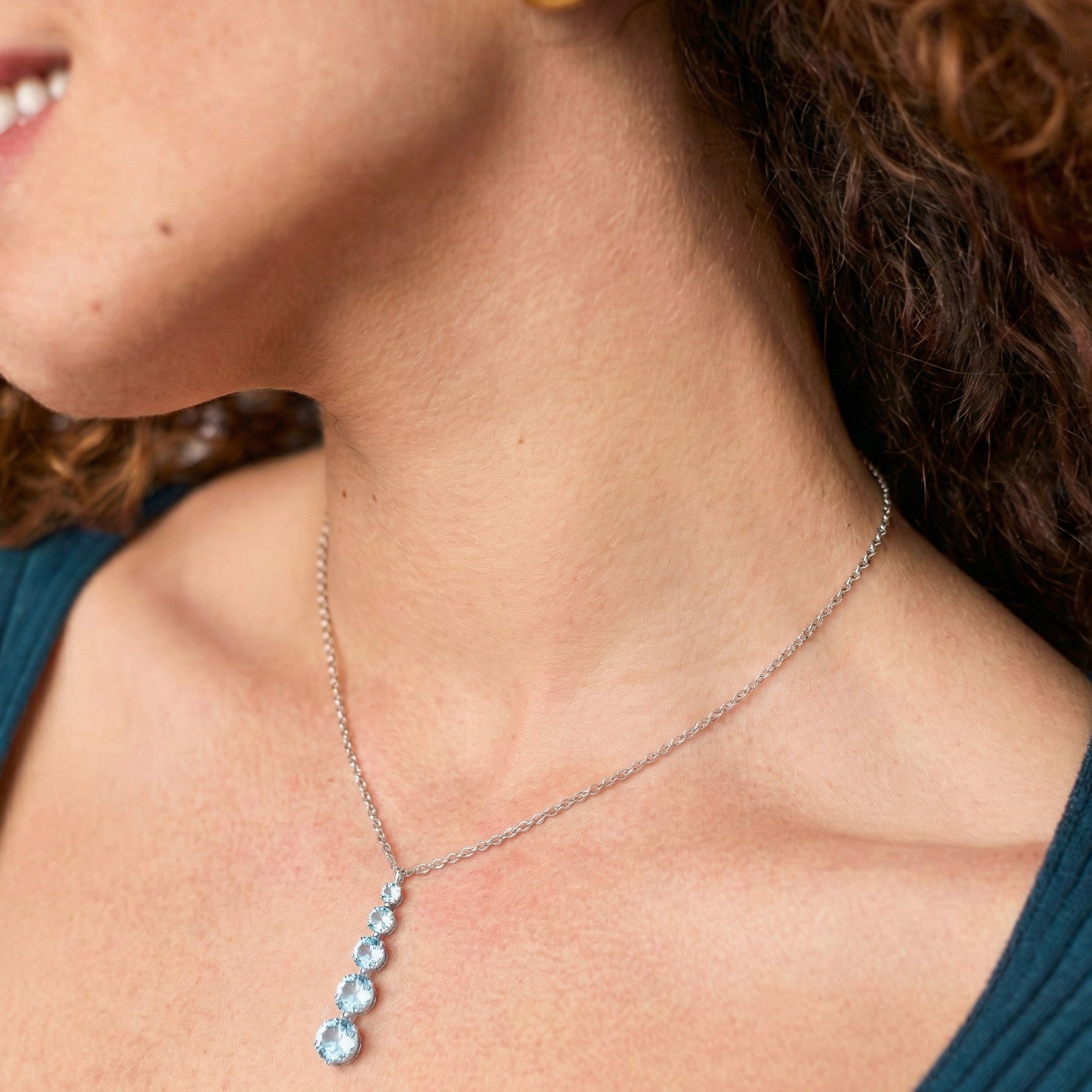 Aquamarine Round 5 Stone Bar Pendant Necklace in 925 Sterling Silver 3.90ct
