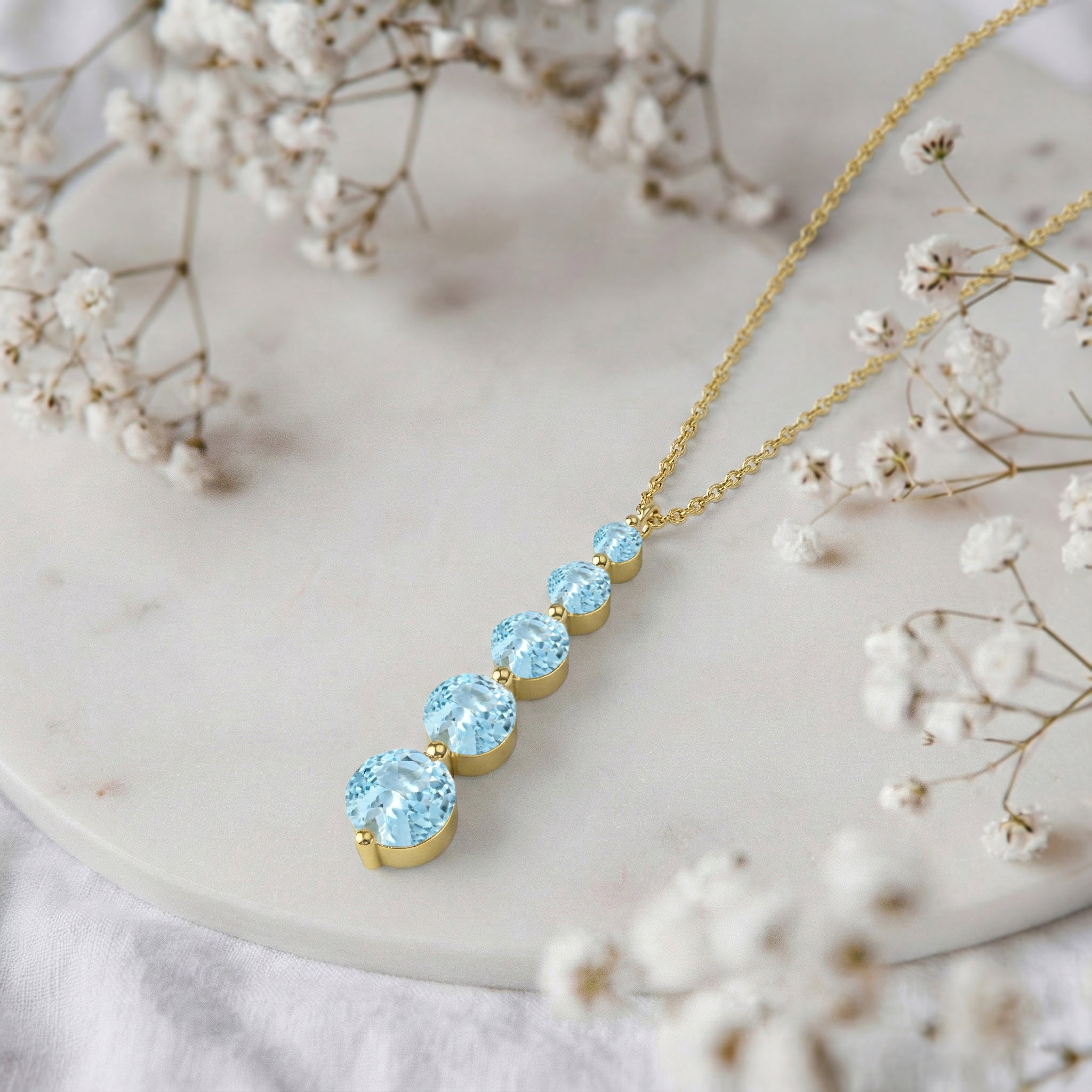 Aquamarine Round 5 Stone Bar Pendant Necklace in Yellow Gold Plated 3.90ct