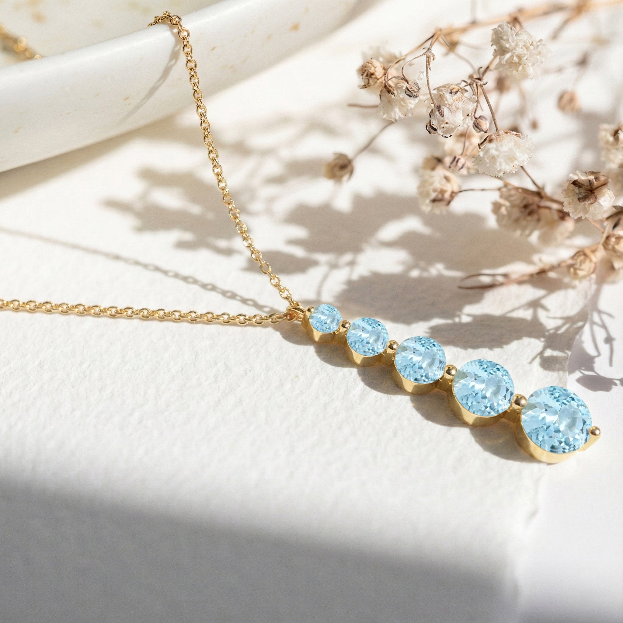 Aquamarine Round 5 Stone Bar Pendant Necklace in 925 Sterling Silver 3.90ct
