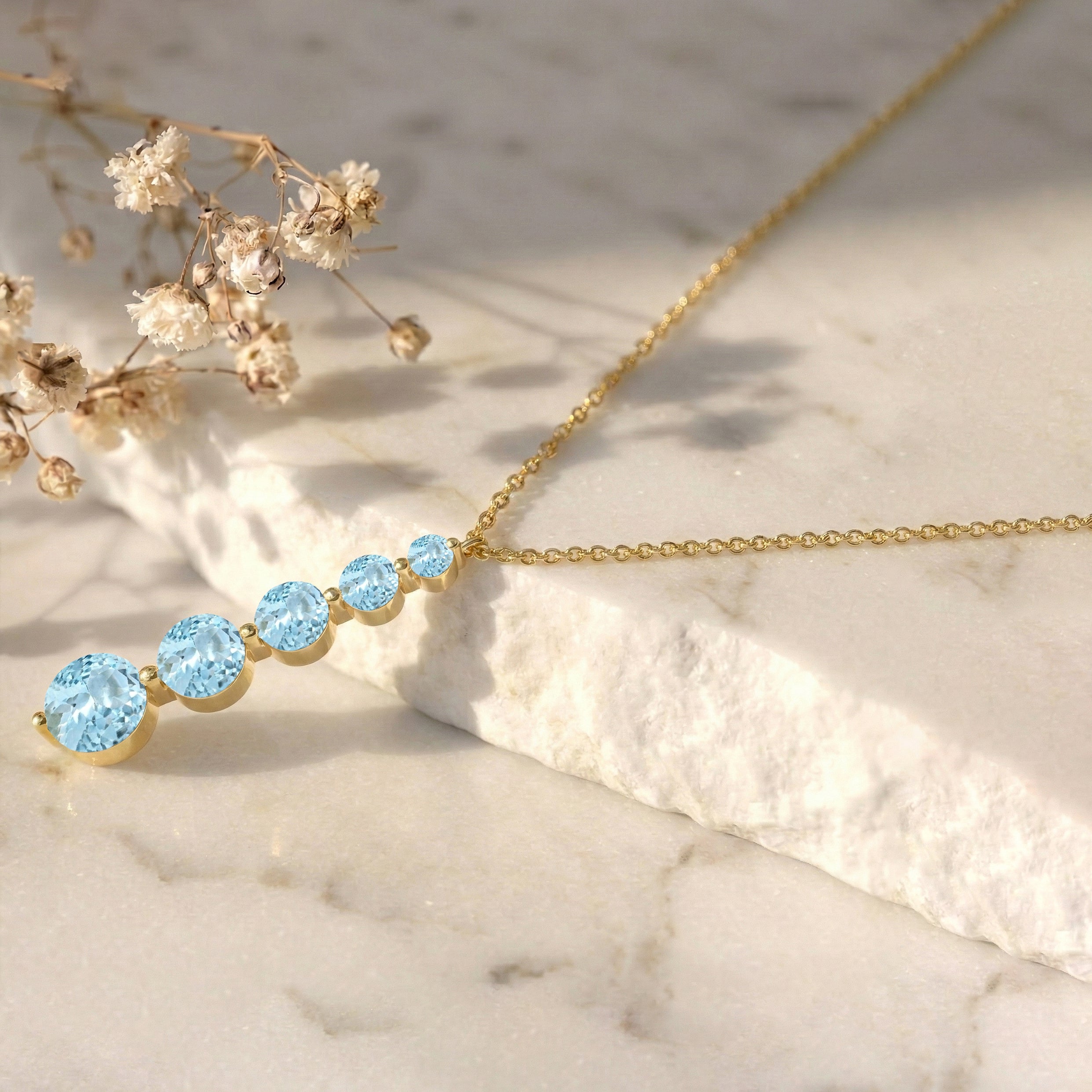 Aquamarine Round 5 Stone Bar Pendant Necklace in Yellow Gold Plated 3.90ct