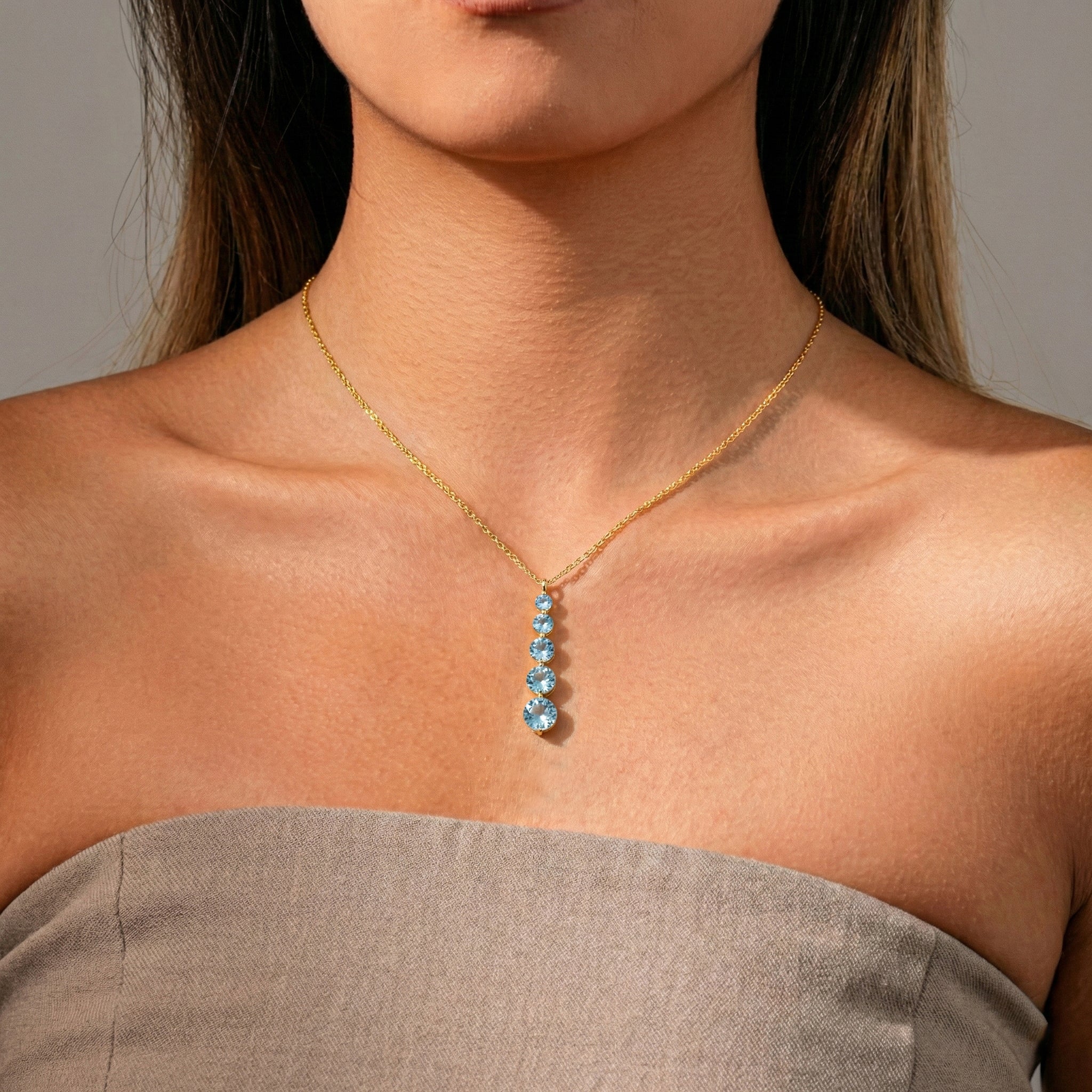 Aquamarine Round 5 Stone Bar Pendant Necklace in 925 Sterling Silver 3.90ct
