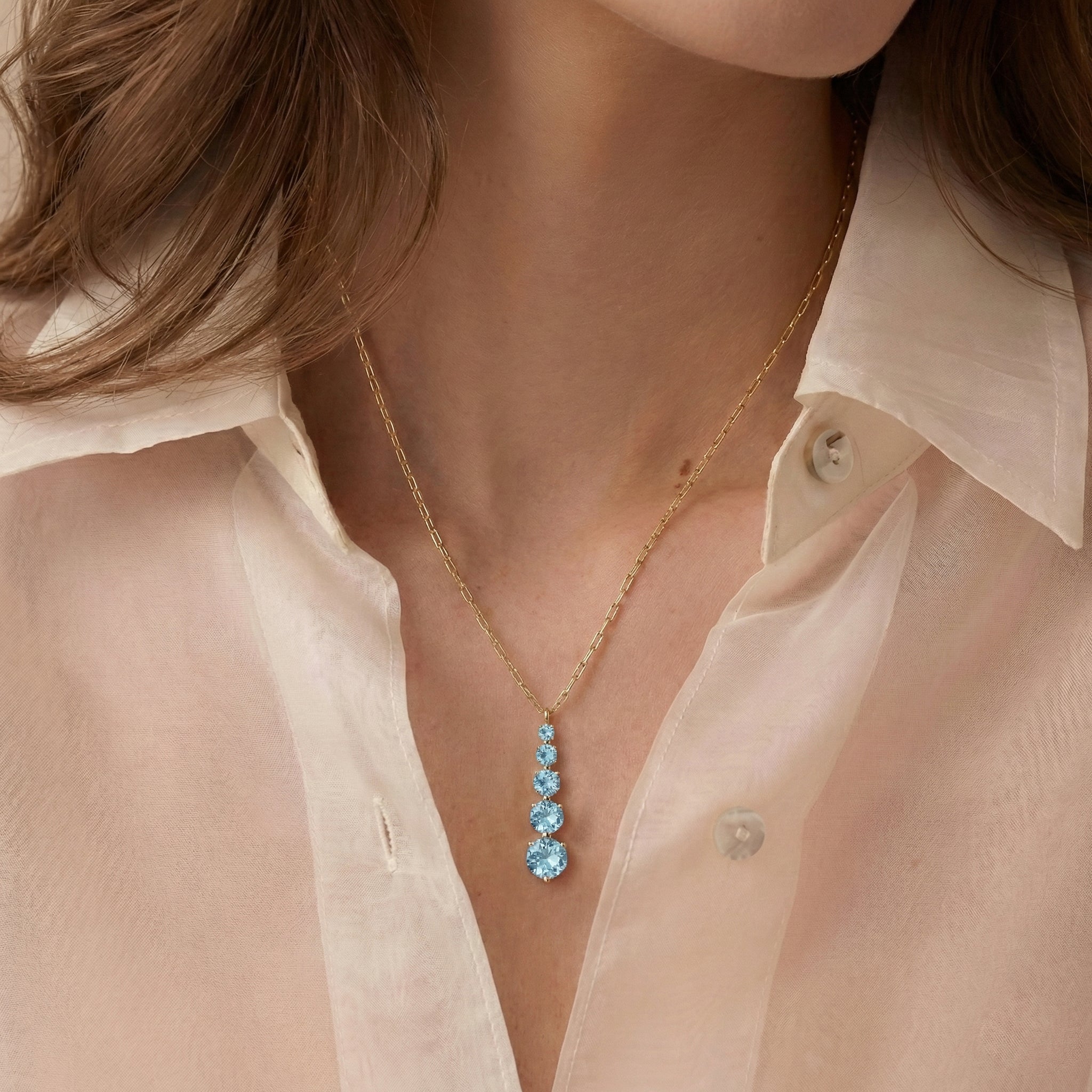 Aquamarine Round 5 Stone Bar Pendant Necklace in Yellow Gold Plated 3.90ct