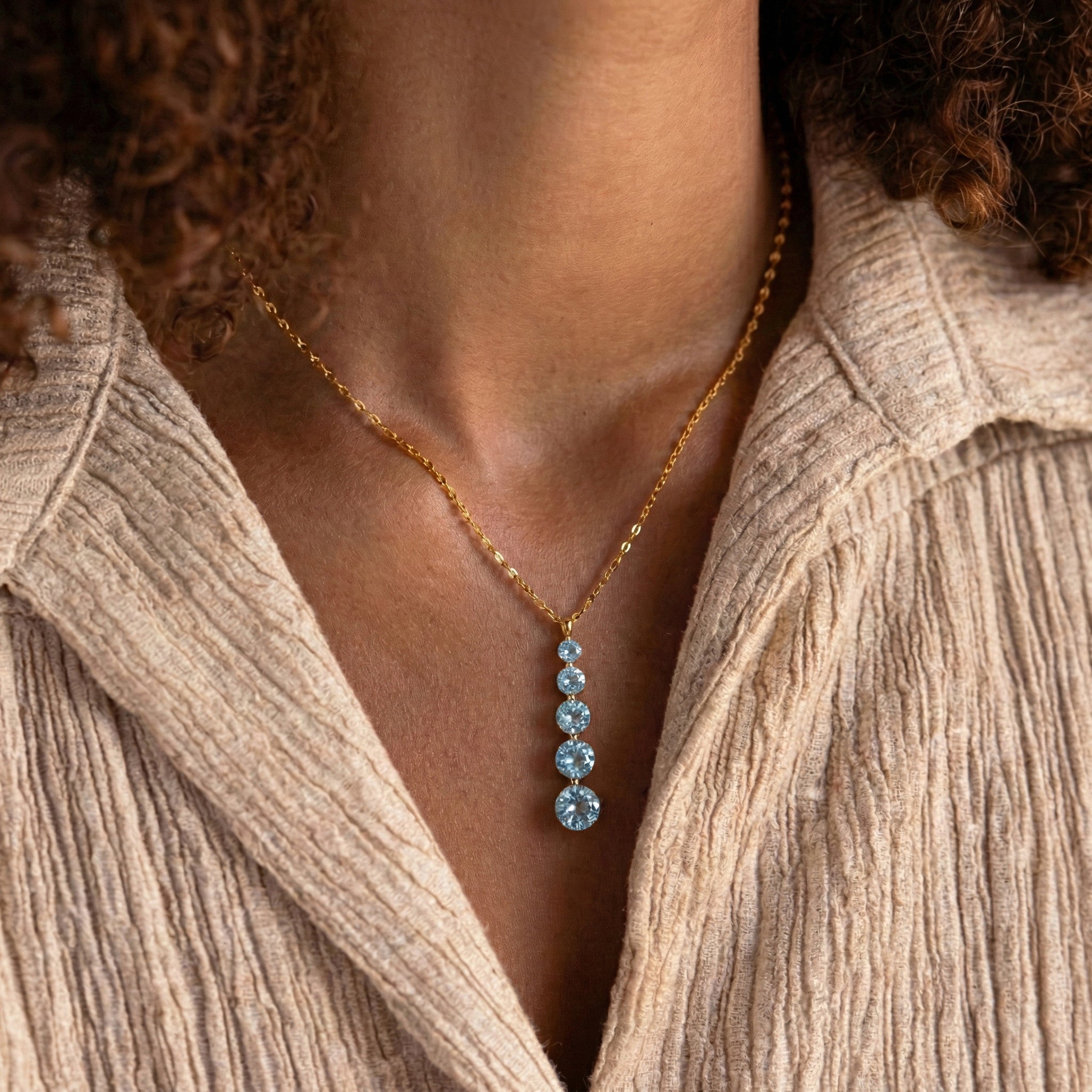 Aquamarine Round 5 Stone Bar Pendant Necklace in Yellow Gold Plated 3.90ct