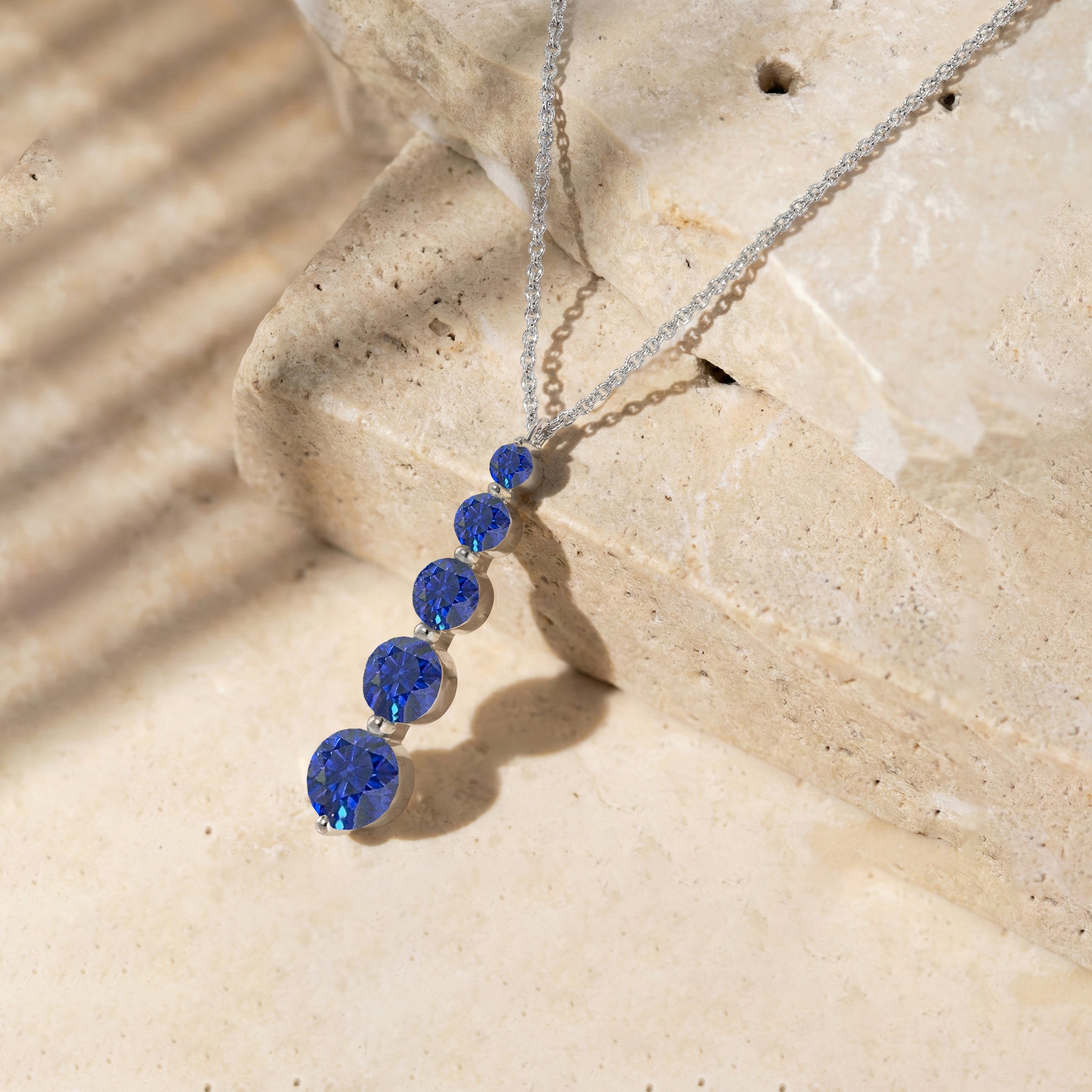 Blue Sapphire Round 5 Stone Bar Pendant Necklace in 925 Sterling Silver 3.90ct