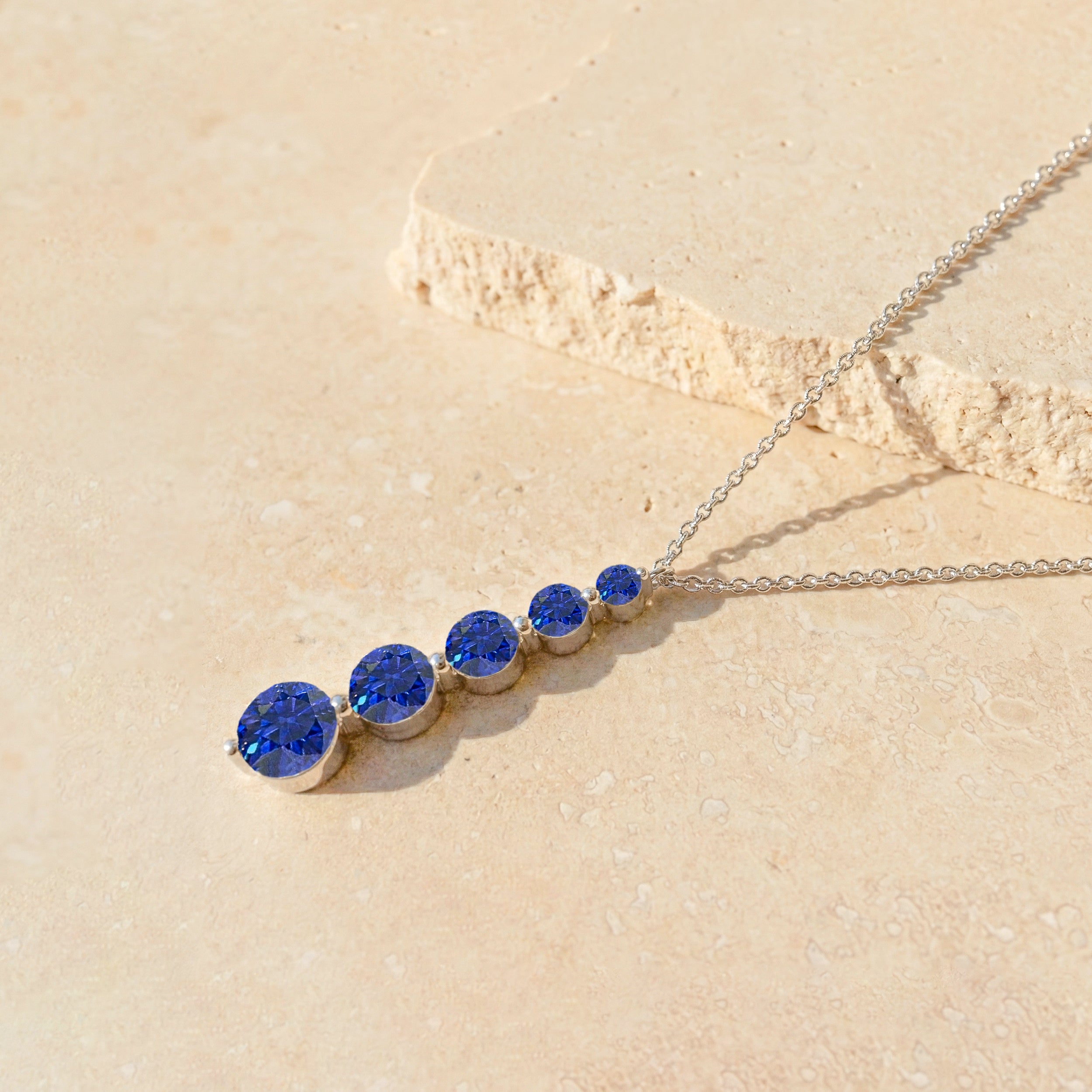 Blue Sapphire Round 5 Stone Bar Pendant Necklace in 925 Sterling Silver 3.90ct